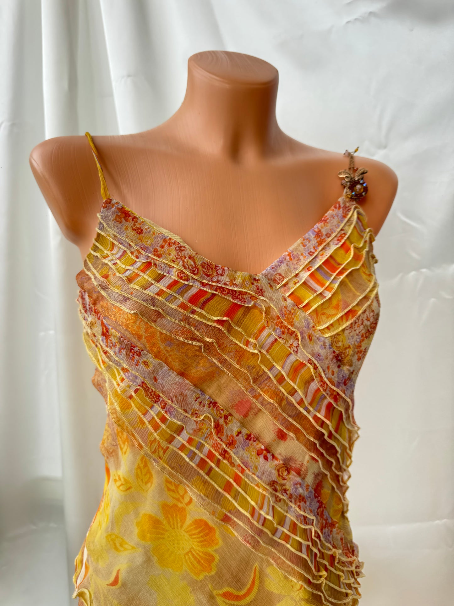 Vintage Yellow Floral & Striped Silk Skirt Set