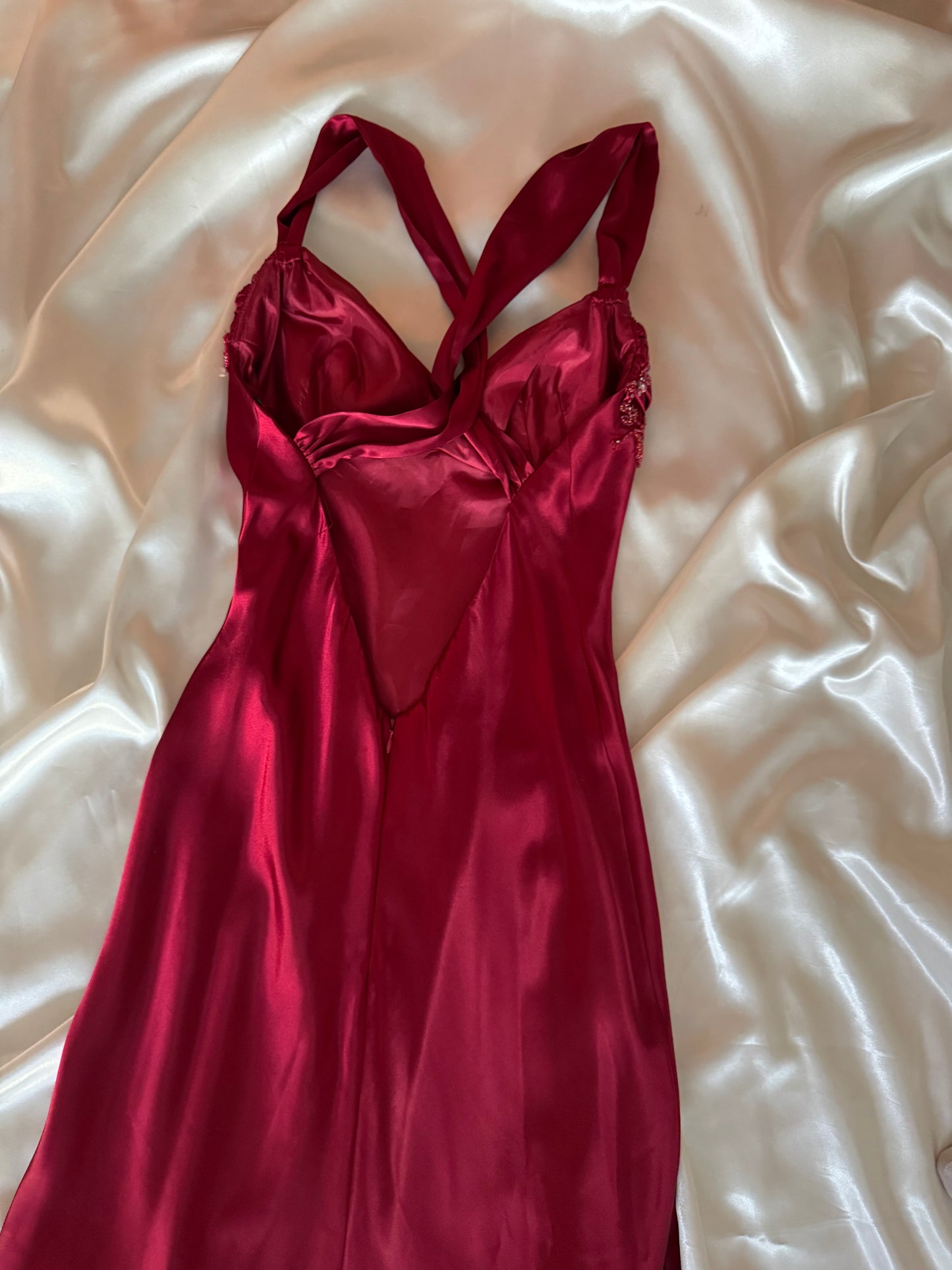 Red Vampy Long Vintage Satin Beaded Gown