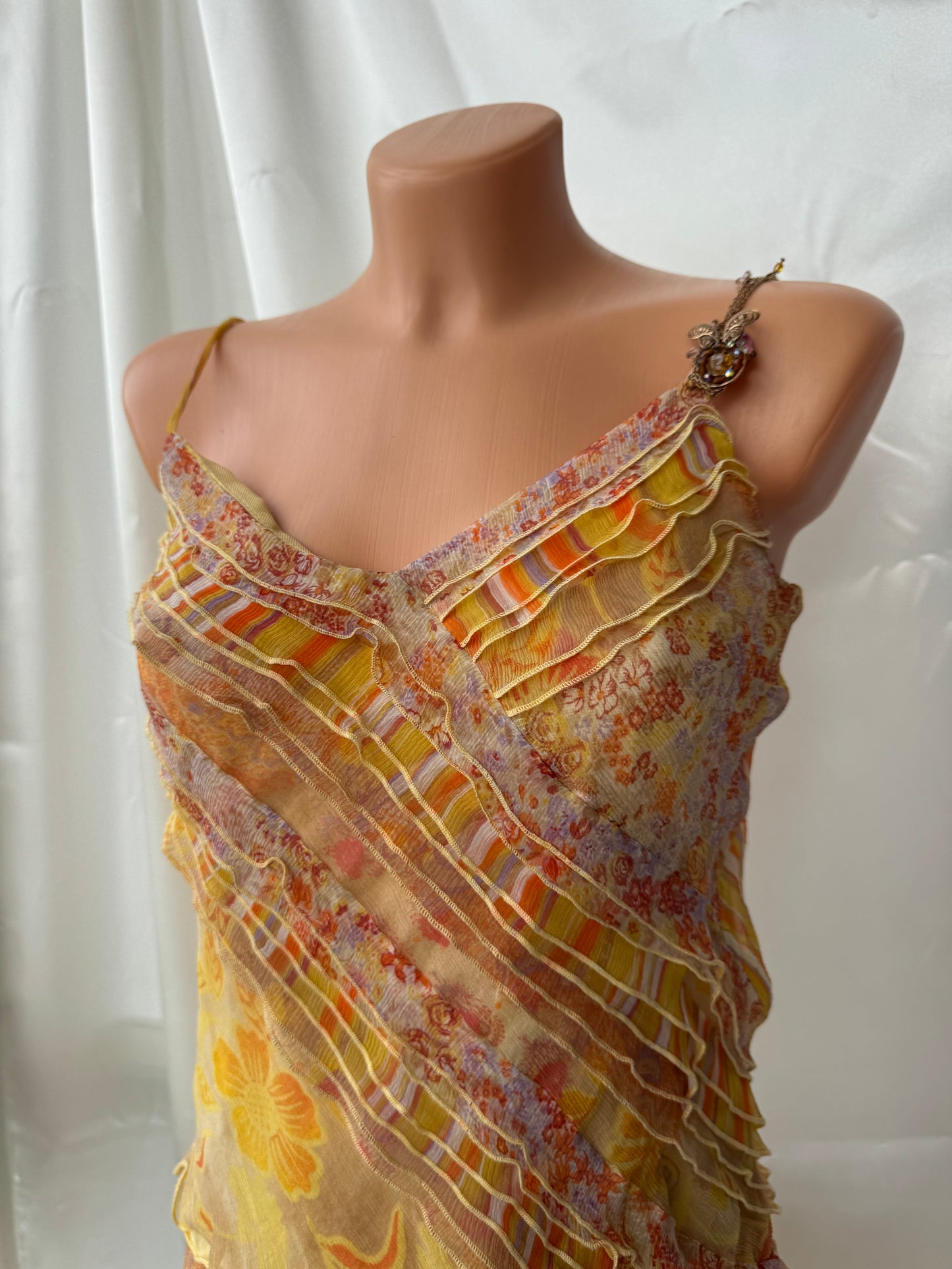 Vintage Yellow Floral & Striped Silk Skirt Set