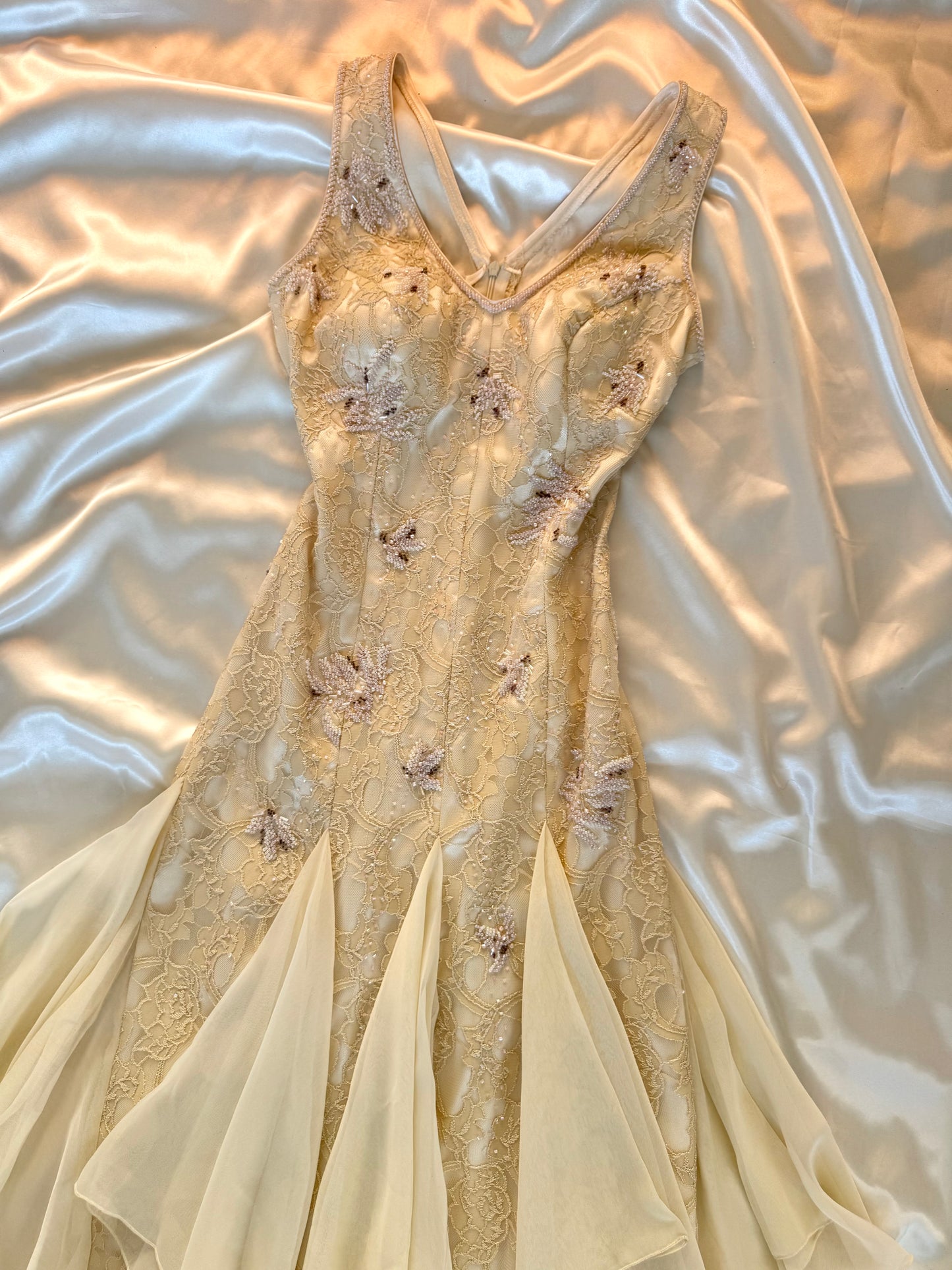 Cream Beaded Vintage Ruffle Dress