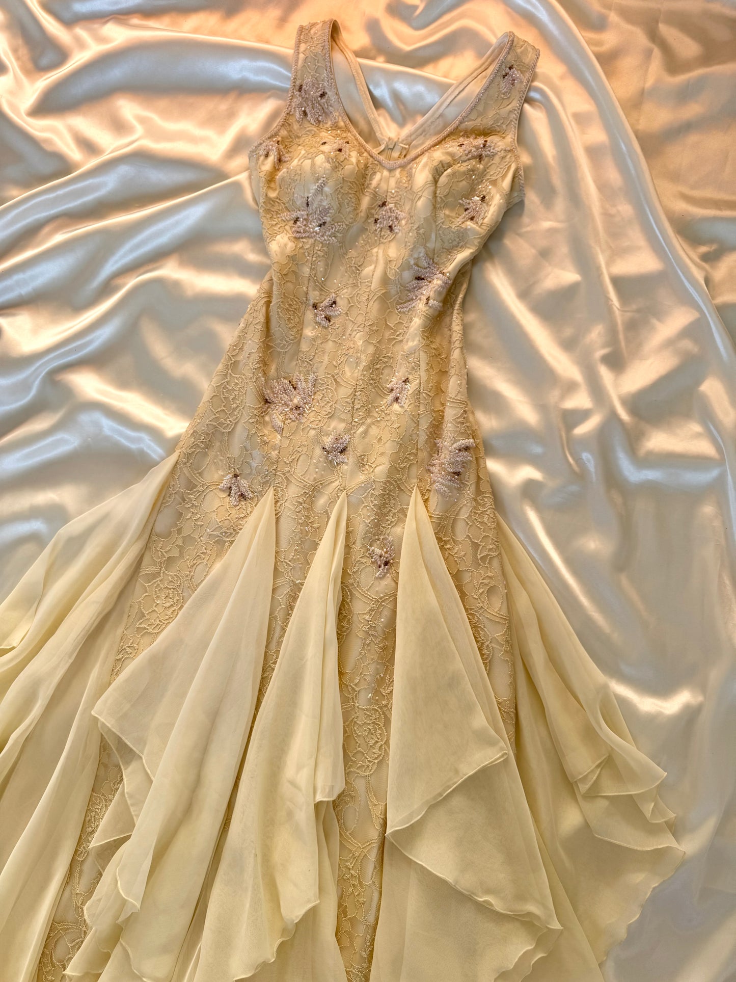 Cream Beaded Vintage Ruffle Dress