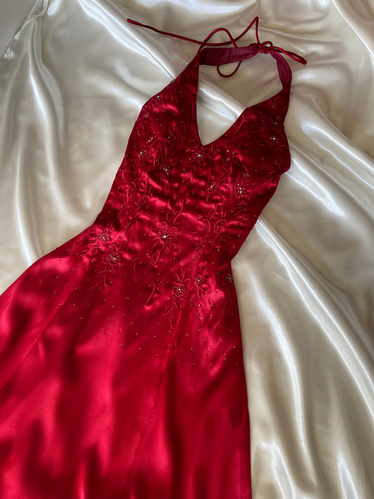 Vintage Long Red Halter Neck Satin Dress