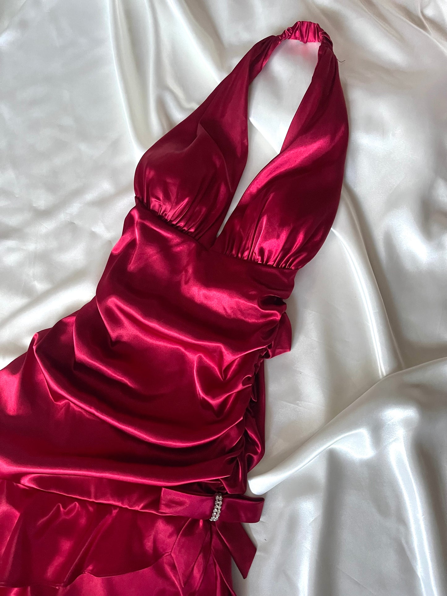 Beautiful Red Satin Side Ruched Vintage Dress