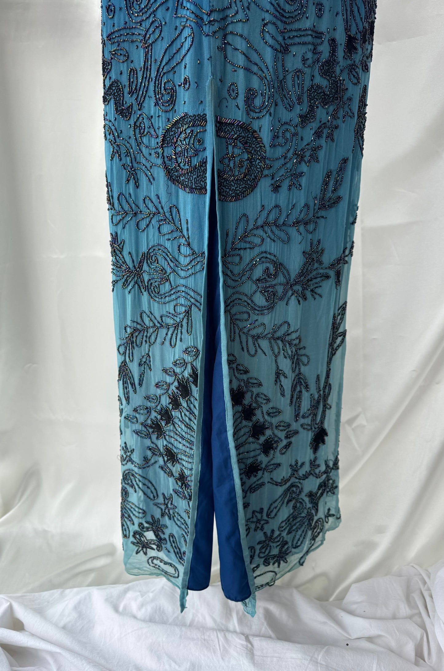 Spectacular Blue Maxi Silk Beaded Vintage Dress
