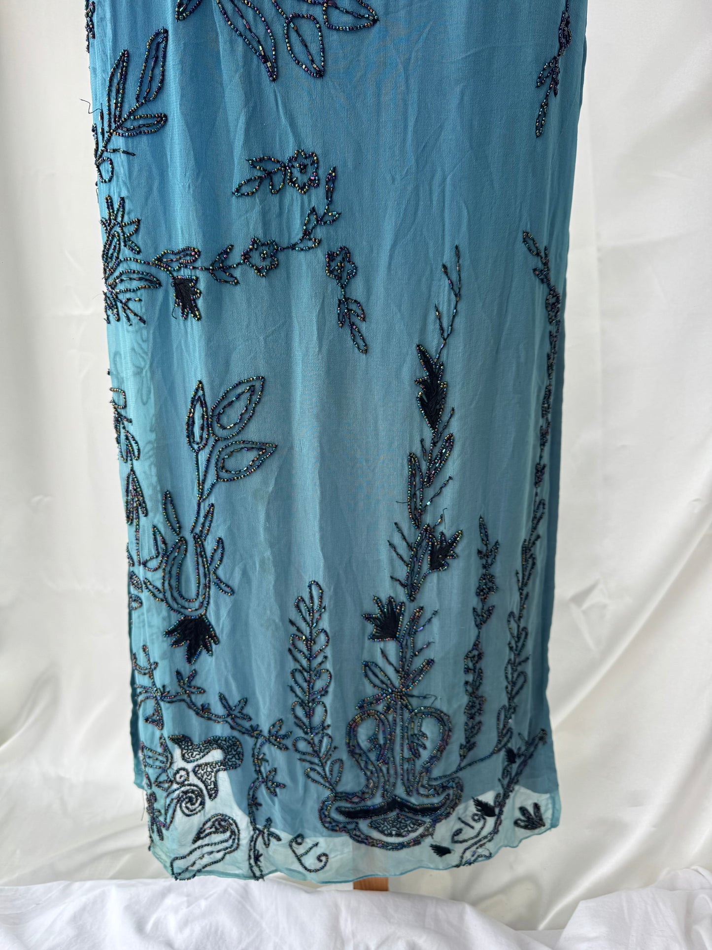 Spectacular Blue Maxi Silk Beaded Vintage Dress