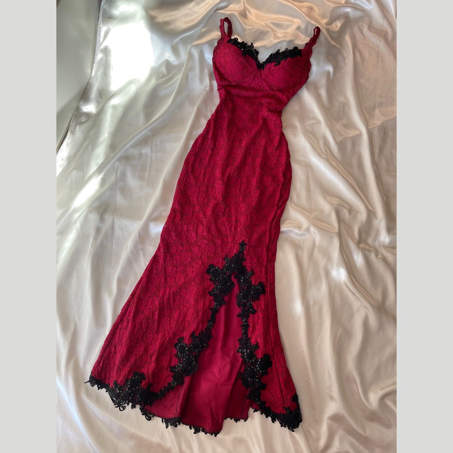Red Vintage Gown with Black Lace Detailing