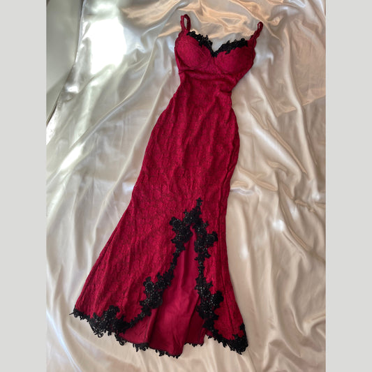 Red Vintage Gown with Black Lace Detailing