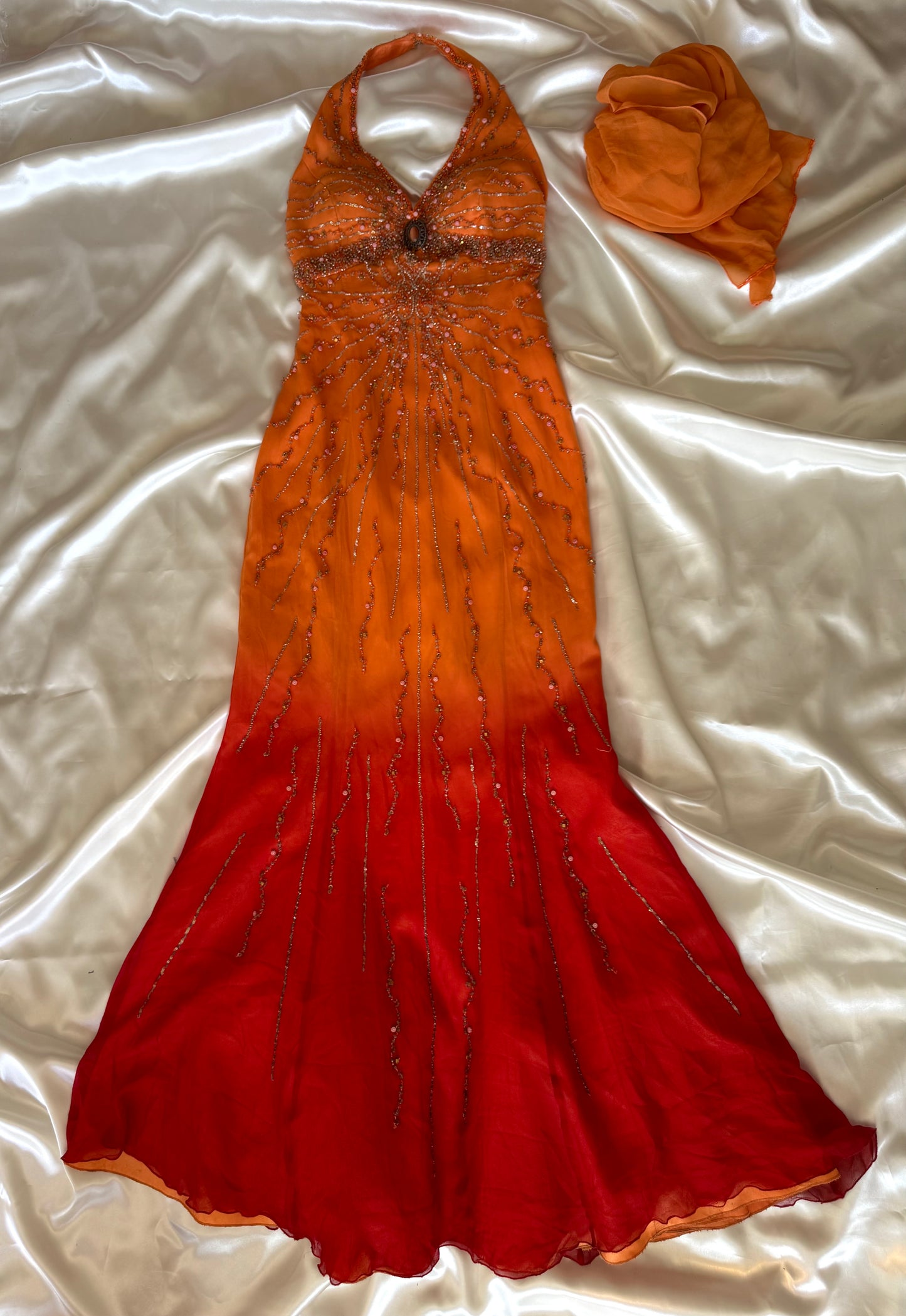 Stunning Beaded Vintage Orange Ombre Silk Dress