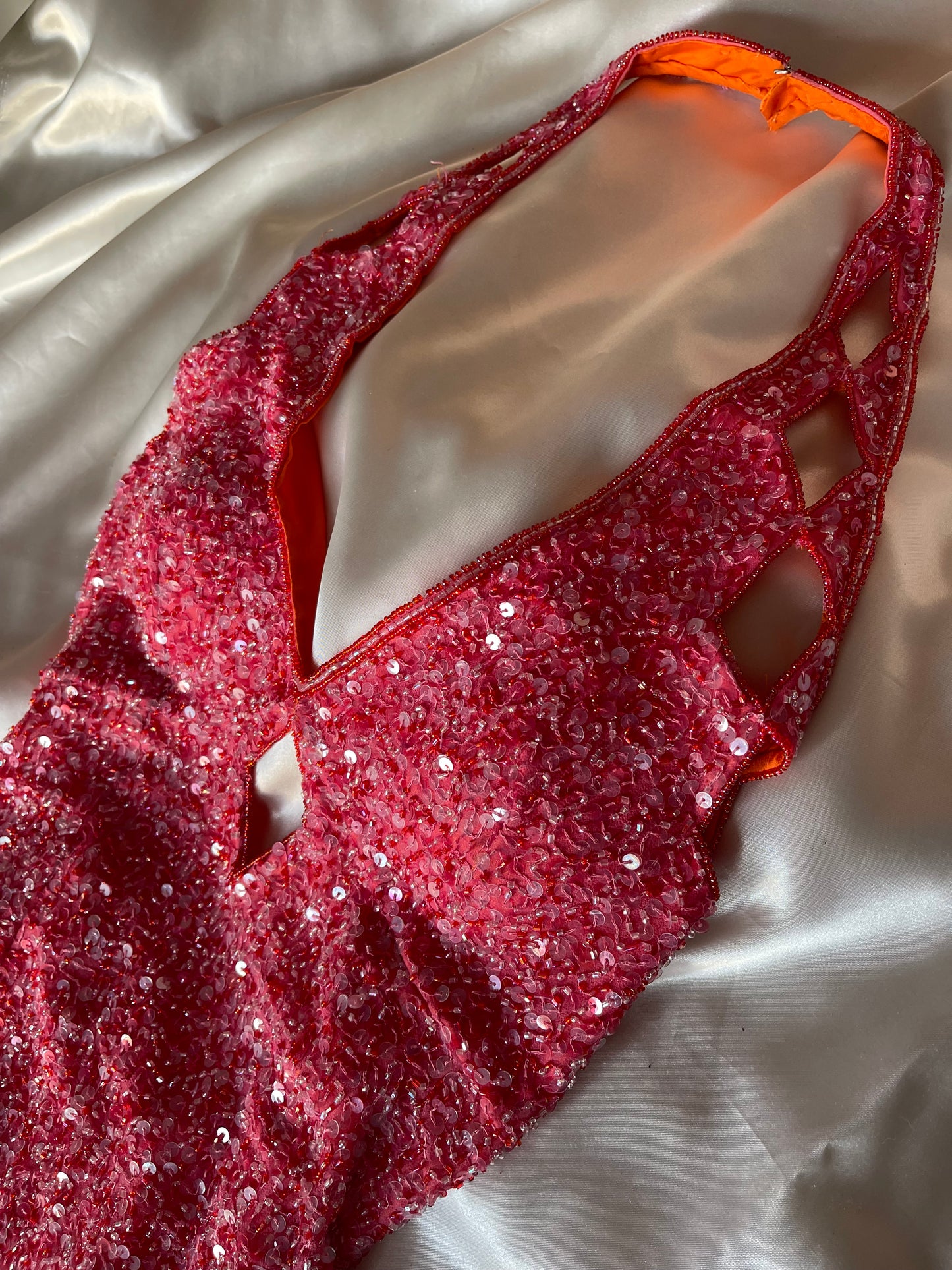 Vintage Long Pink Halter Neck Beaded Dress