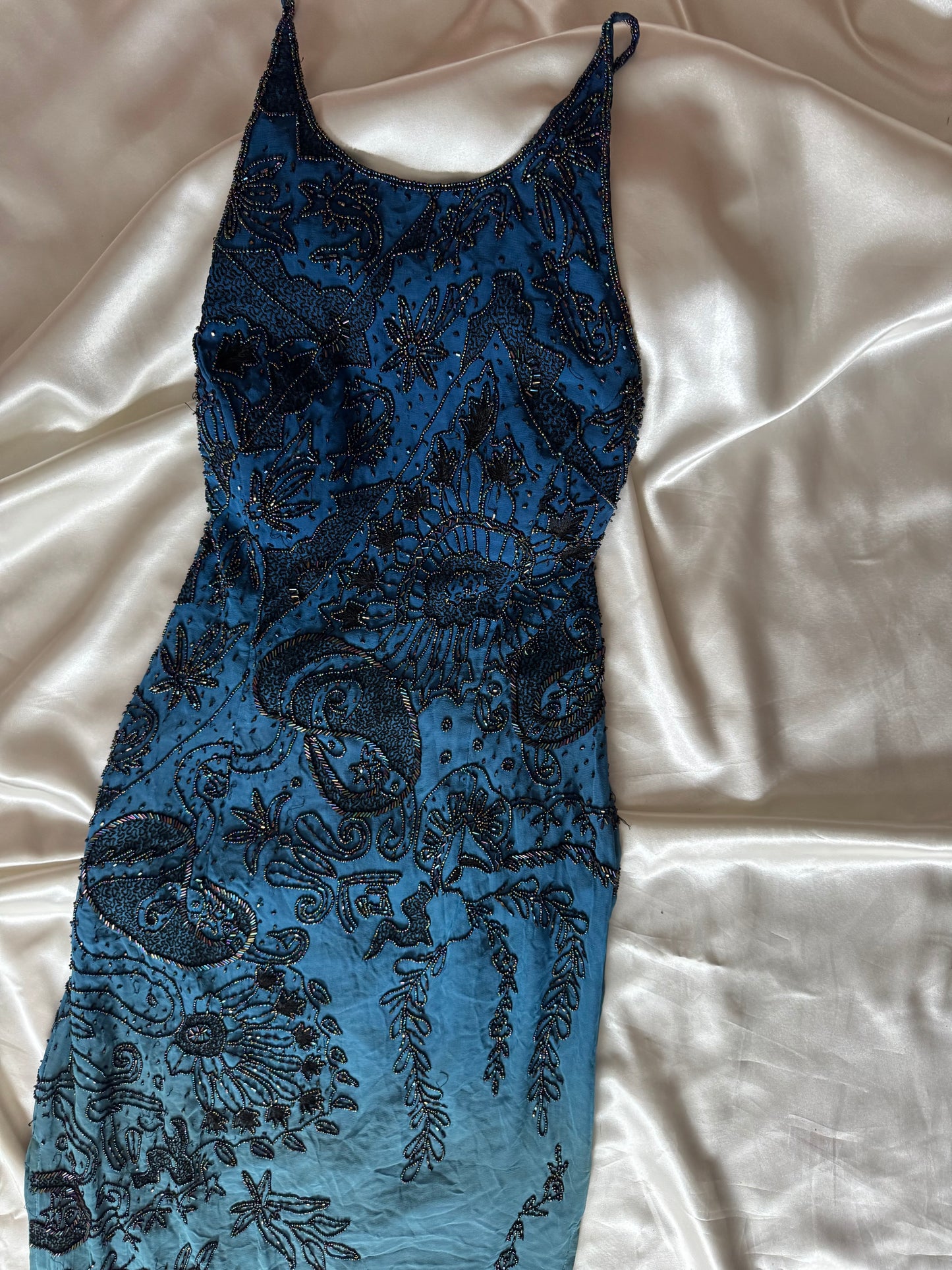 Spectacular Blue Maxi Silk Beaded Vintage Dress