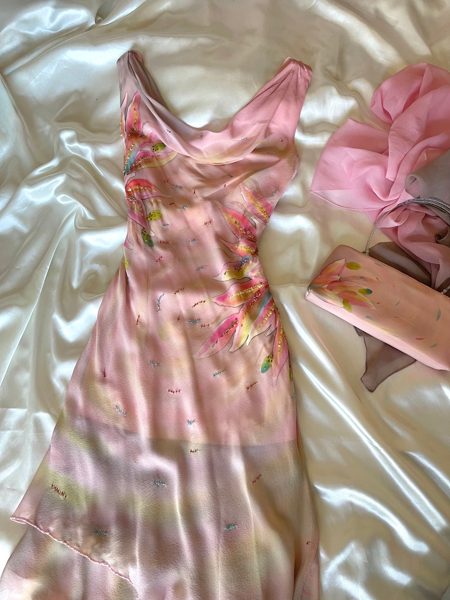Spectacular Pink & Yellow Beaded Silk Dress