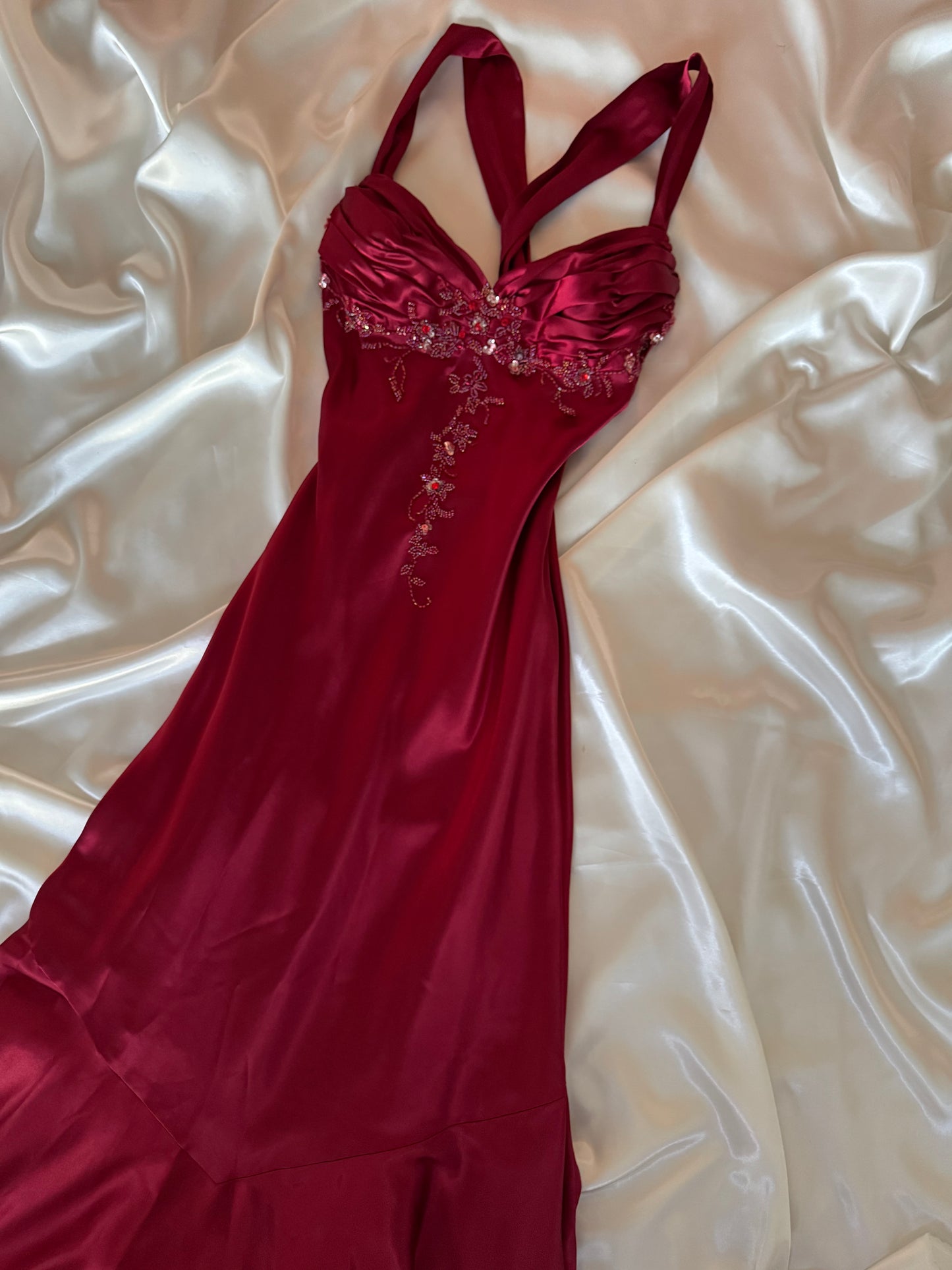 Red Vampy Long Vintage Satin Beaded Gown