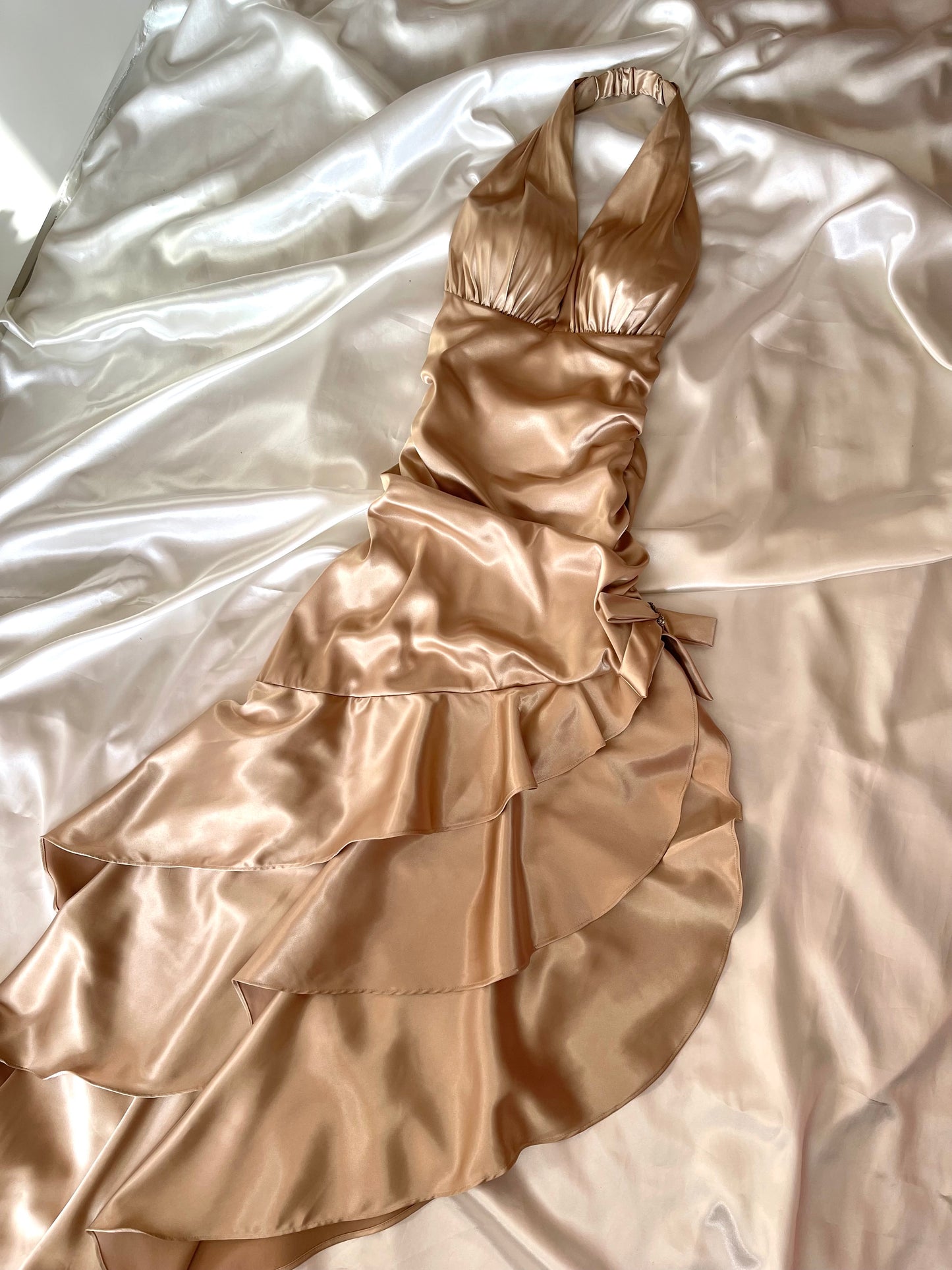 Beautiful Champagne Satin Side Rutched Vintage Dress