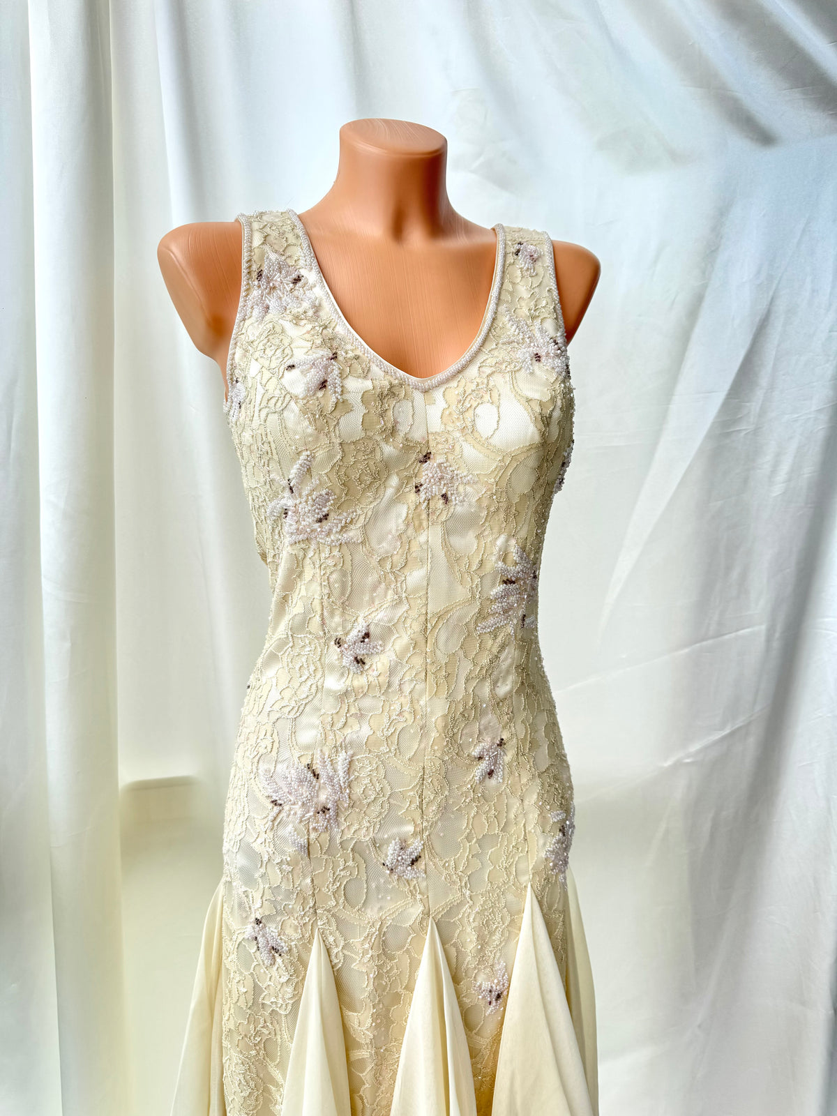 Cream Beaded Vintage Ruffle Dress