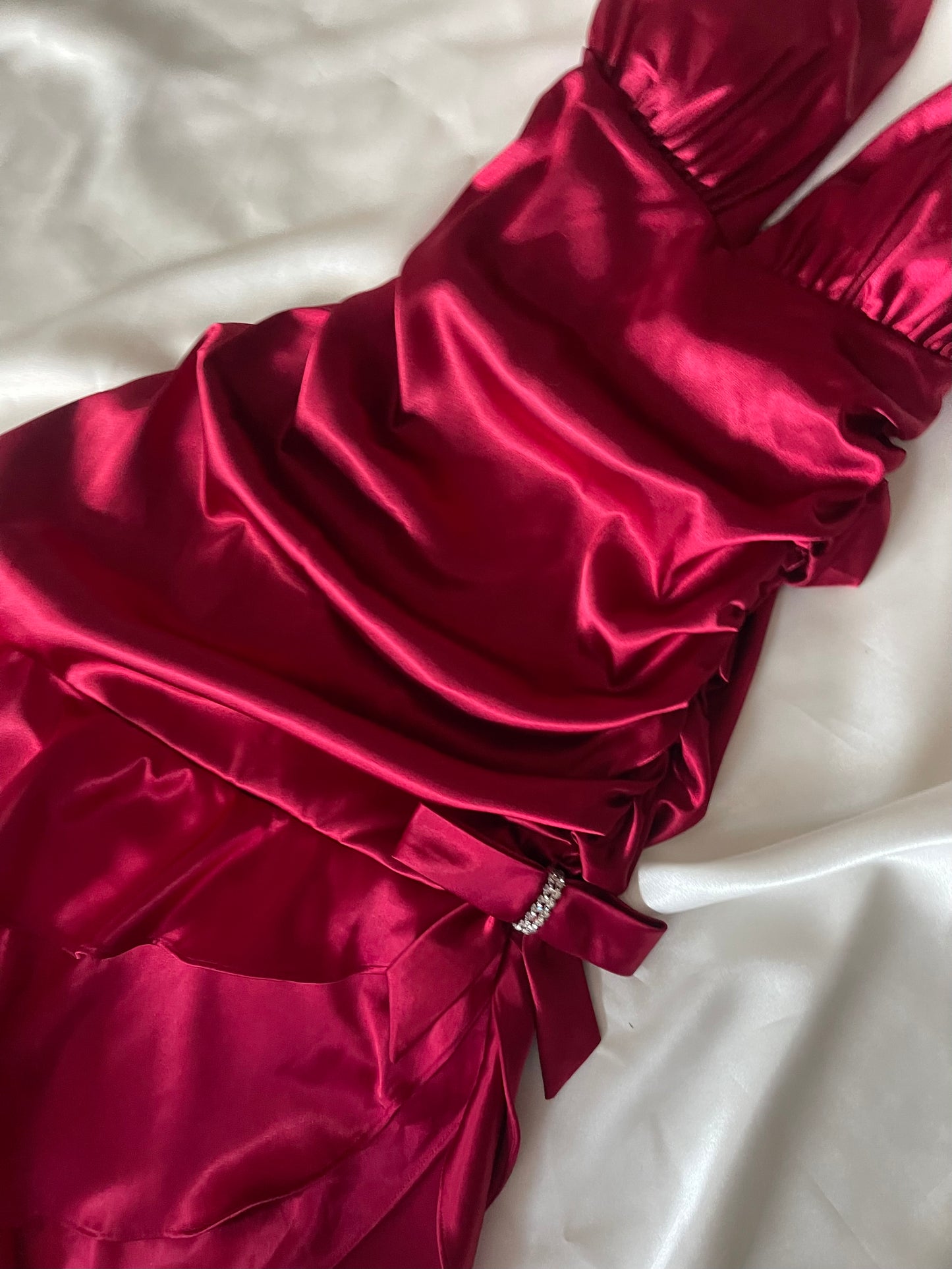 Beautiful Red Satin Side Ruched Vintage Dress