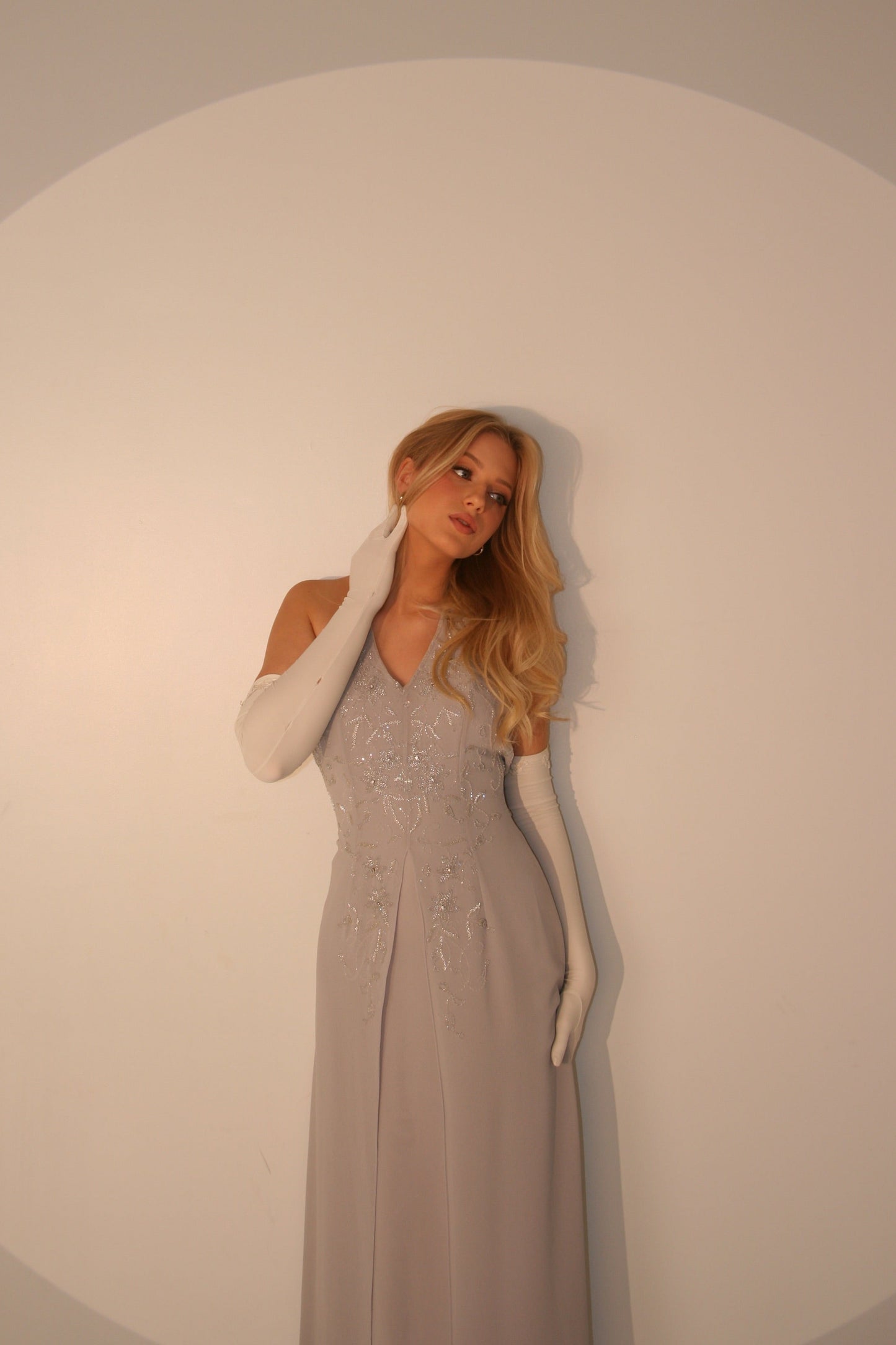 Gorgeous Gray Beaded Floral Vintage Royal Gown