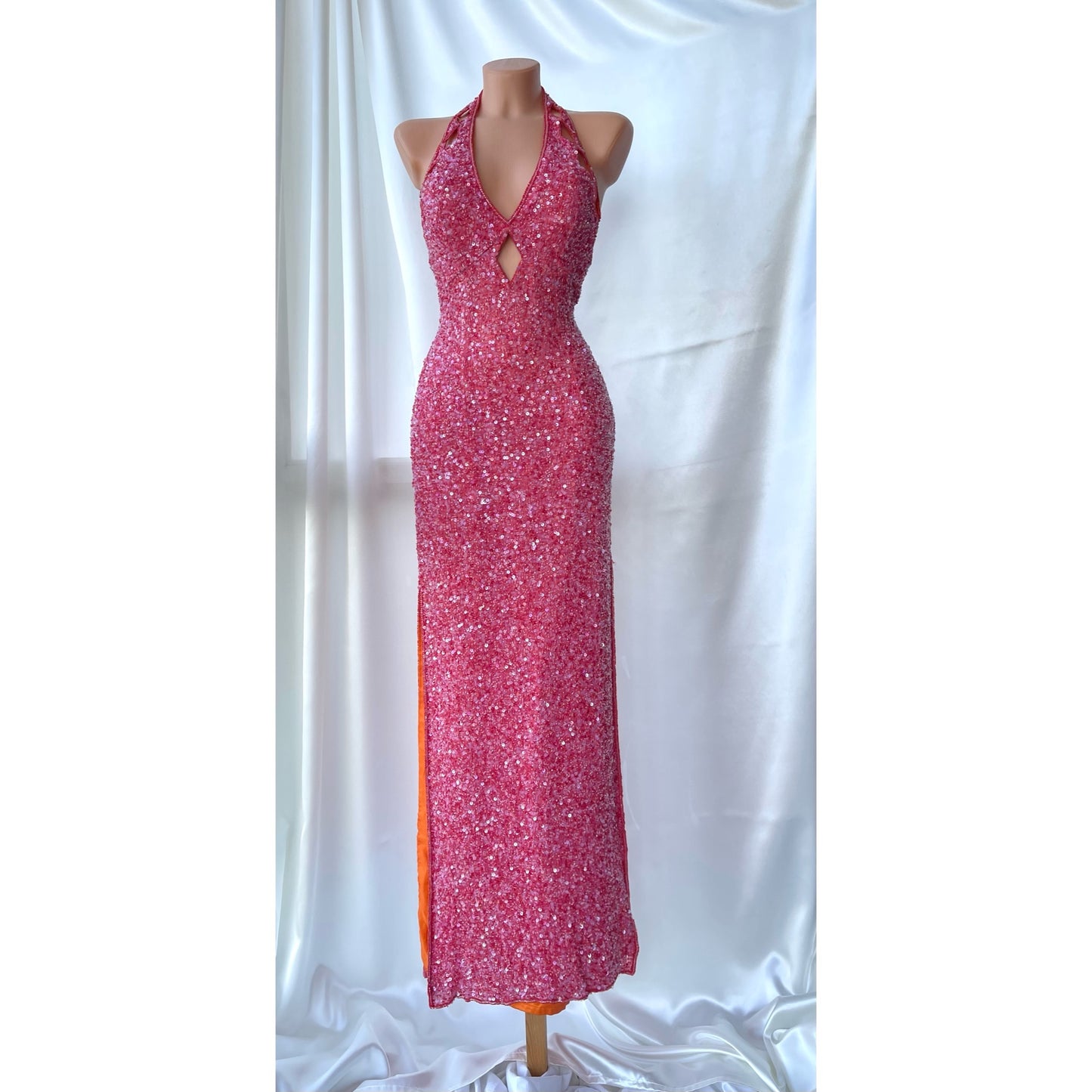 Vintage Long Pink Halter Neck Beaded Dress