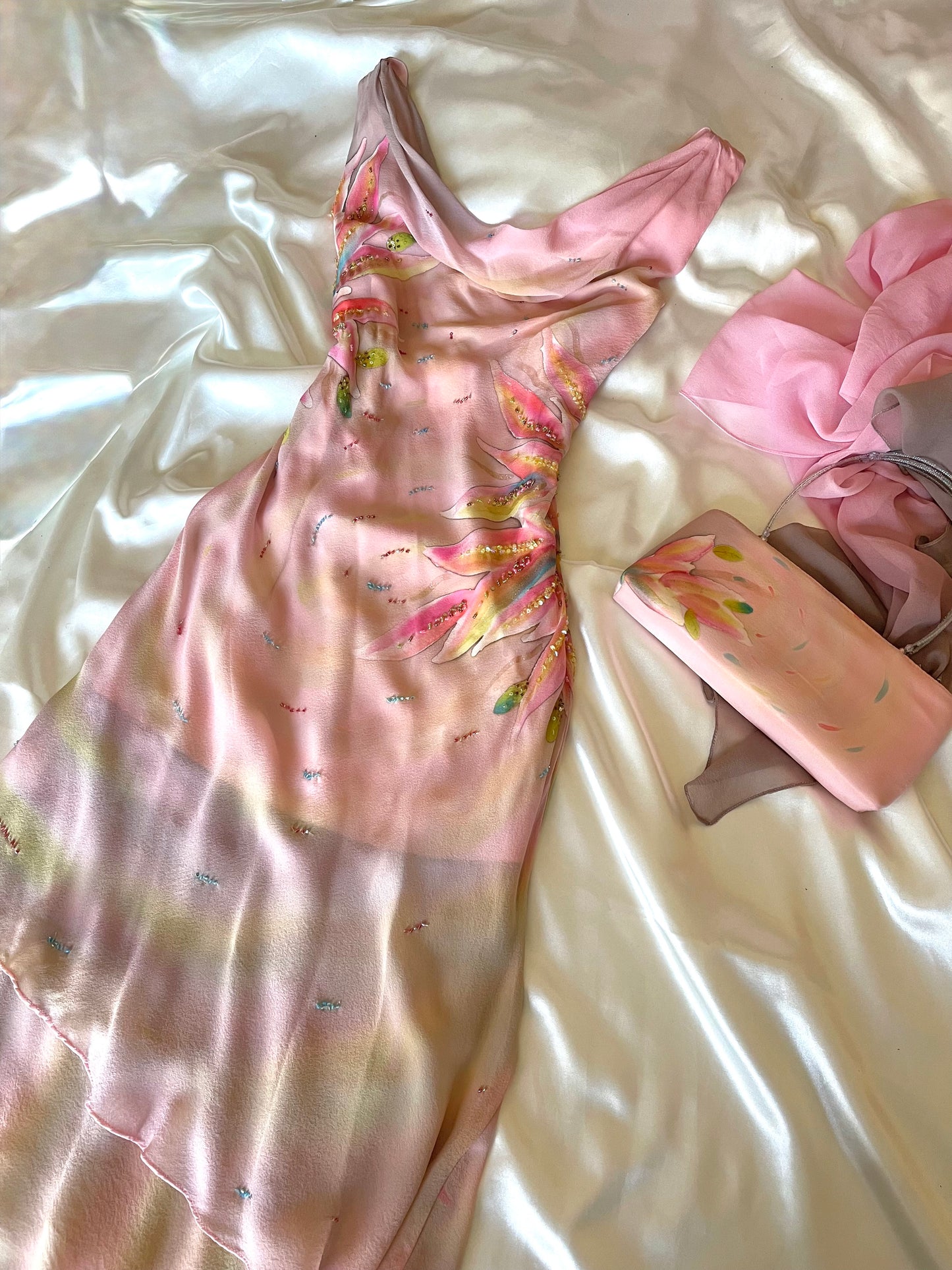 Spectacular Pink & Yellow Beaded Silk Dress