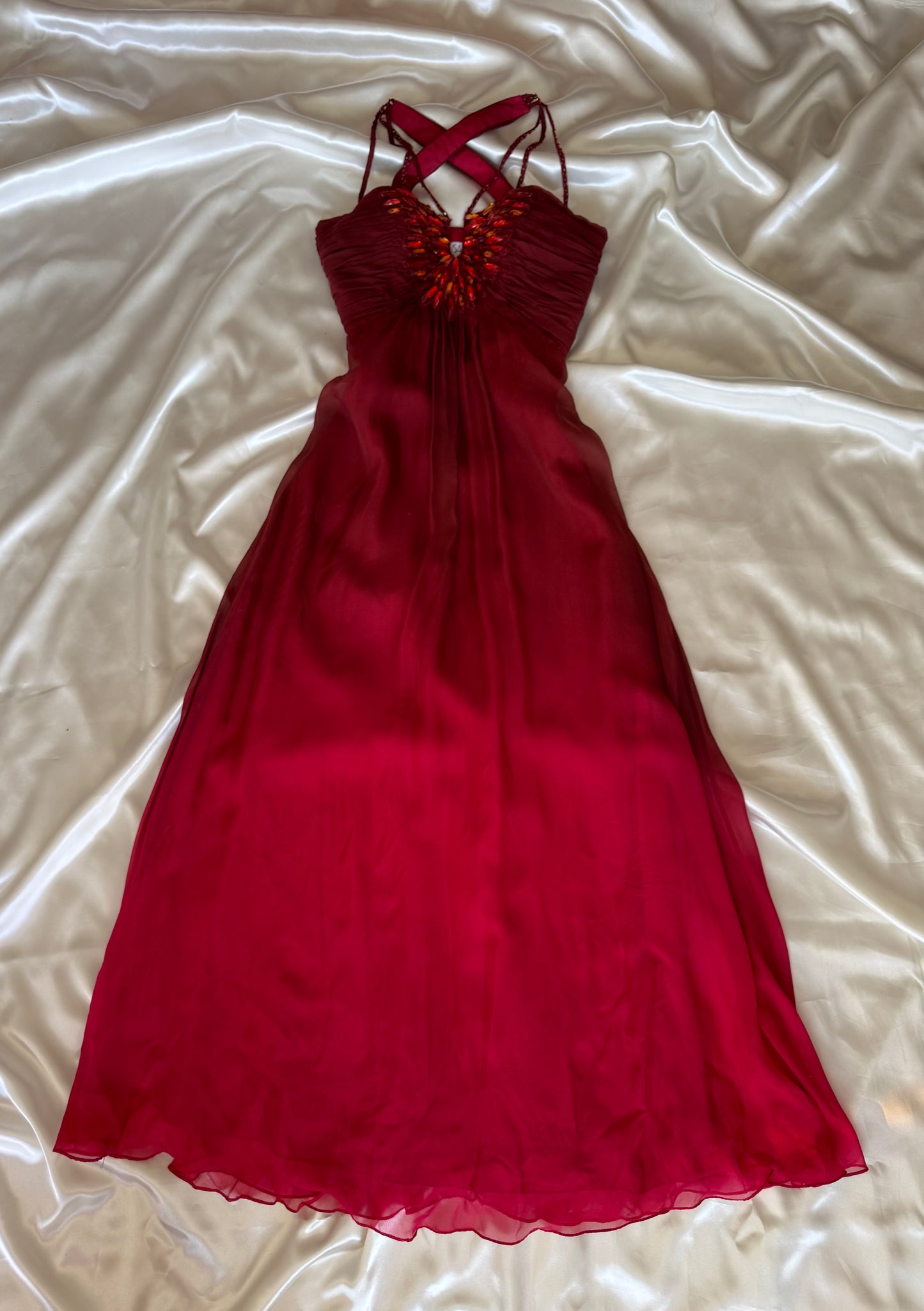 Vintage Long Red Beaded Silk Dress