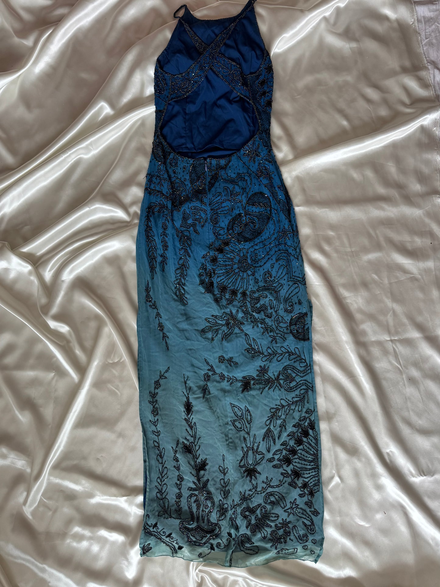 Spectacular Blue Maxi Silk Beaded Vintage Dress