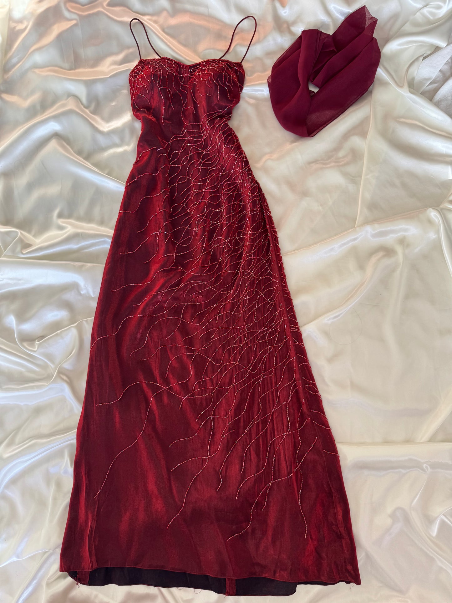 Red Flame Vampy Long Vintage Satin Beaded Gown