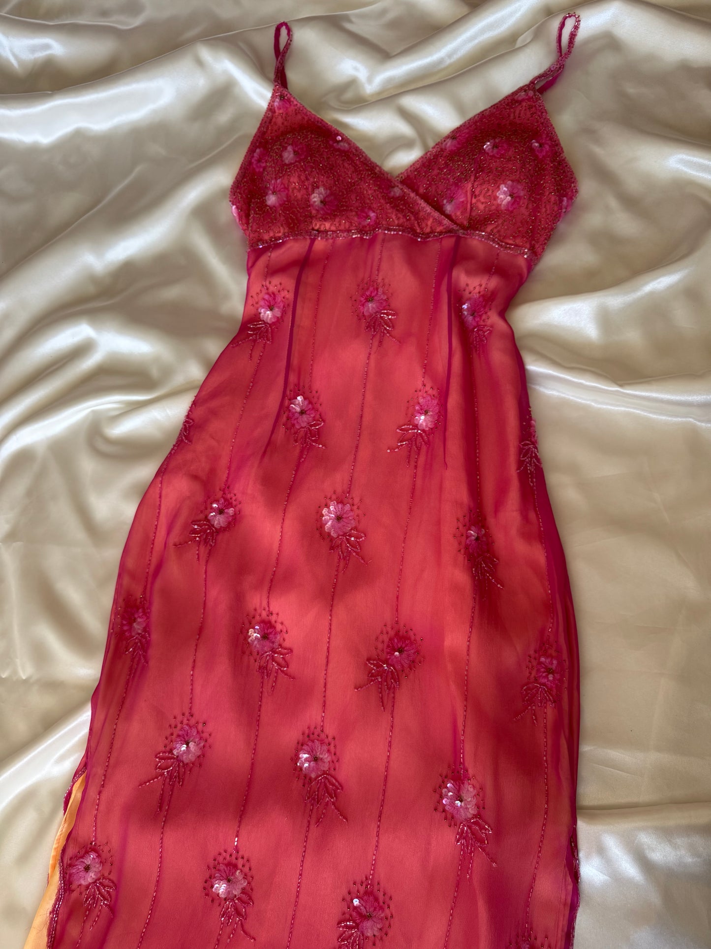 Stunning Beaded Vintage Pink Flower Silk Dress