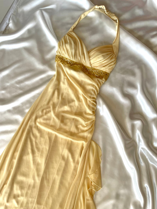Sparkly Butter Yellow Halter Neck Vintage Dress