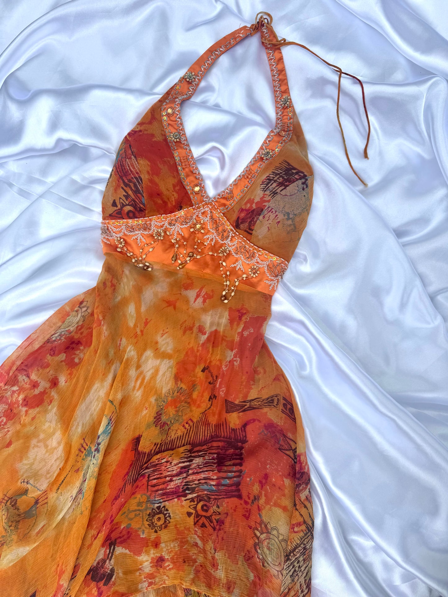 Orange Silk Beaded Vintage Dress
