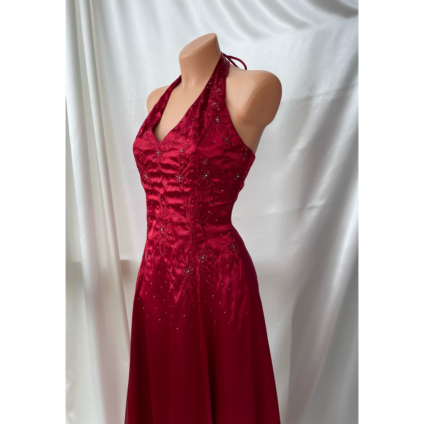 Vintage Long Red Halter Neck Satin Dress