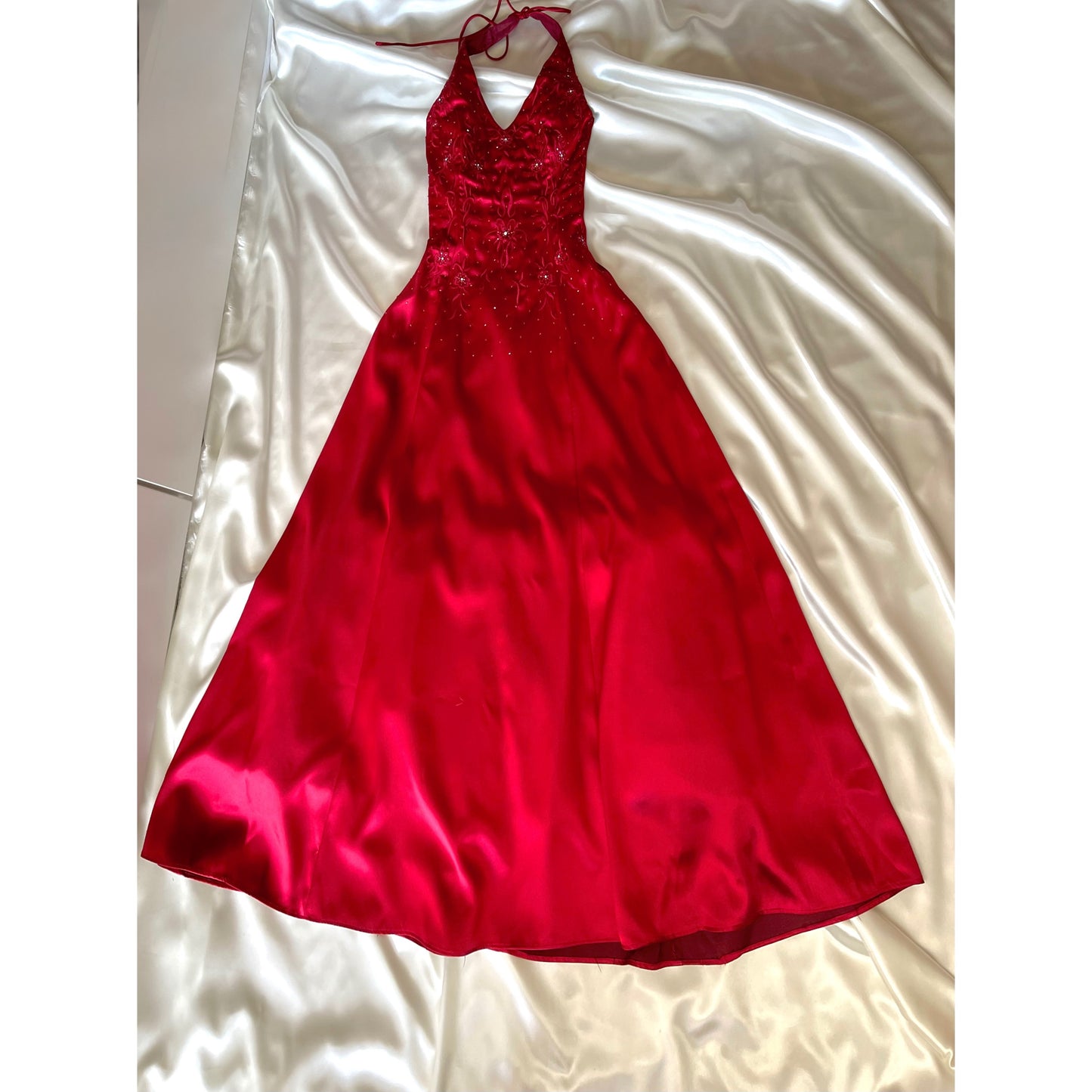 Vintage Long Red Halter Neck Satin Dress