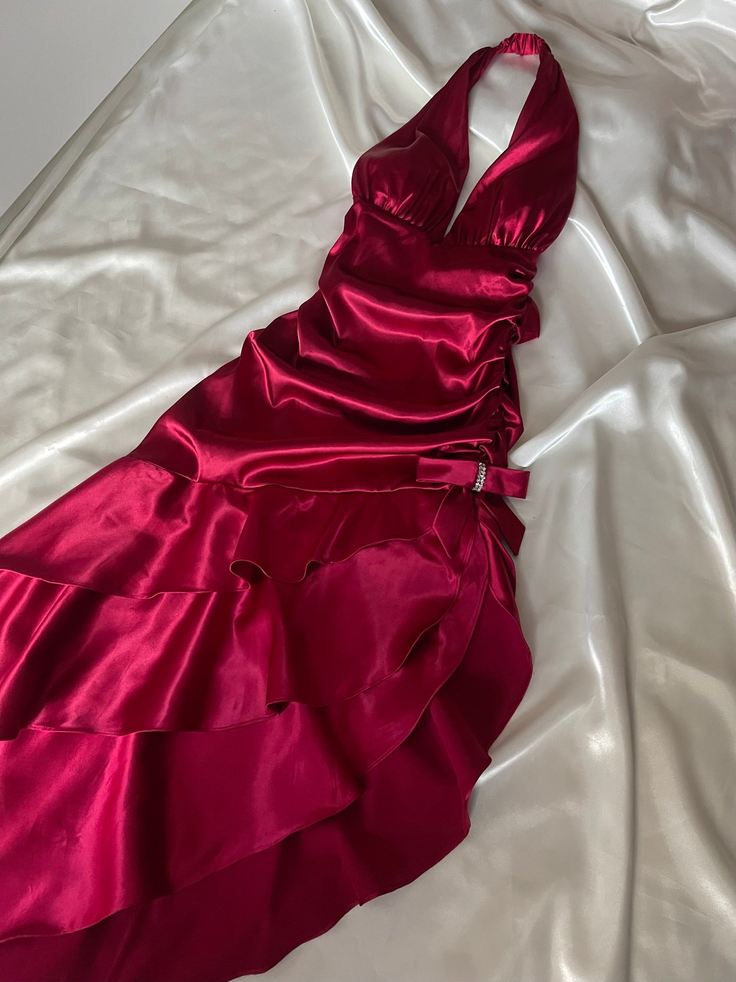Beautiful Red Satin Side Ruched Vintage Dress