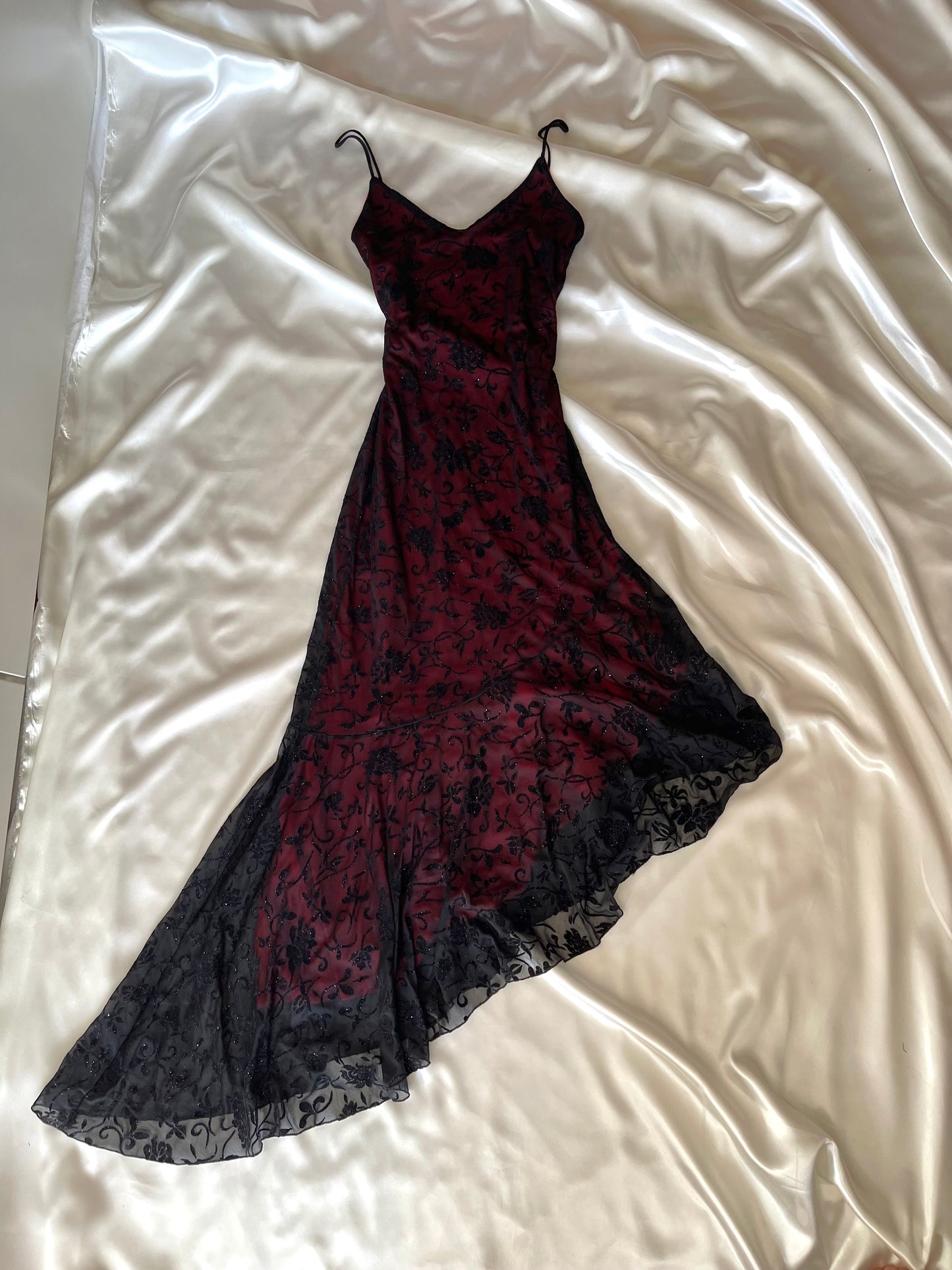 Red & Black Floral Sparkly Velvet Gothic Vintage Dress
