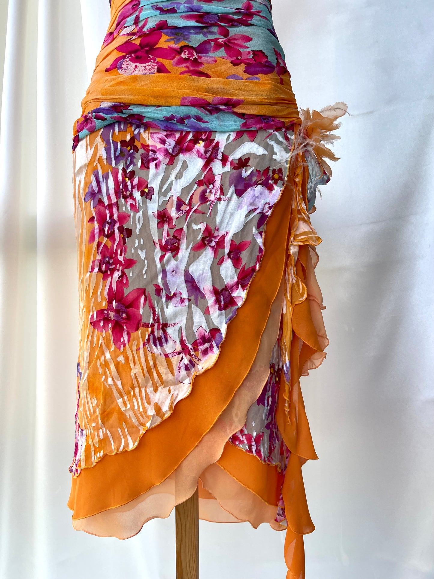 Beautiful Floral Orange Silk Vintage Dress