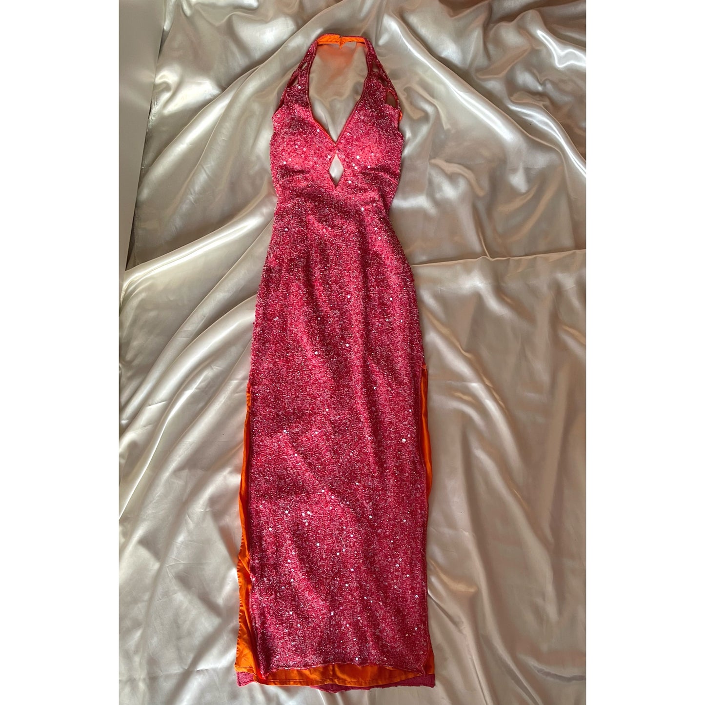Vintage Long Pink Halter Neck Beaded Dress