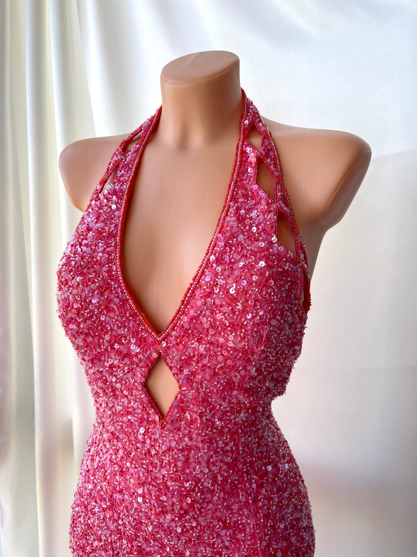 Vintage Long Pink Halter Neck Beaded Dress