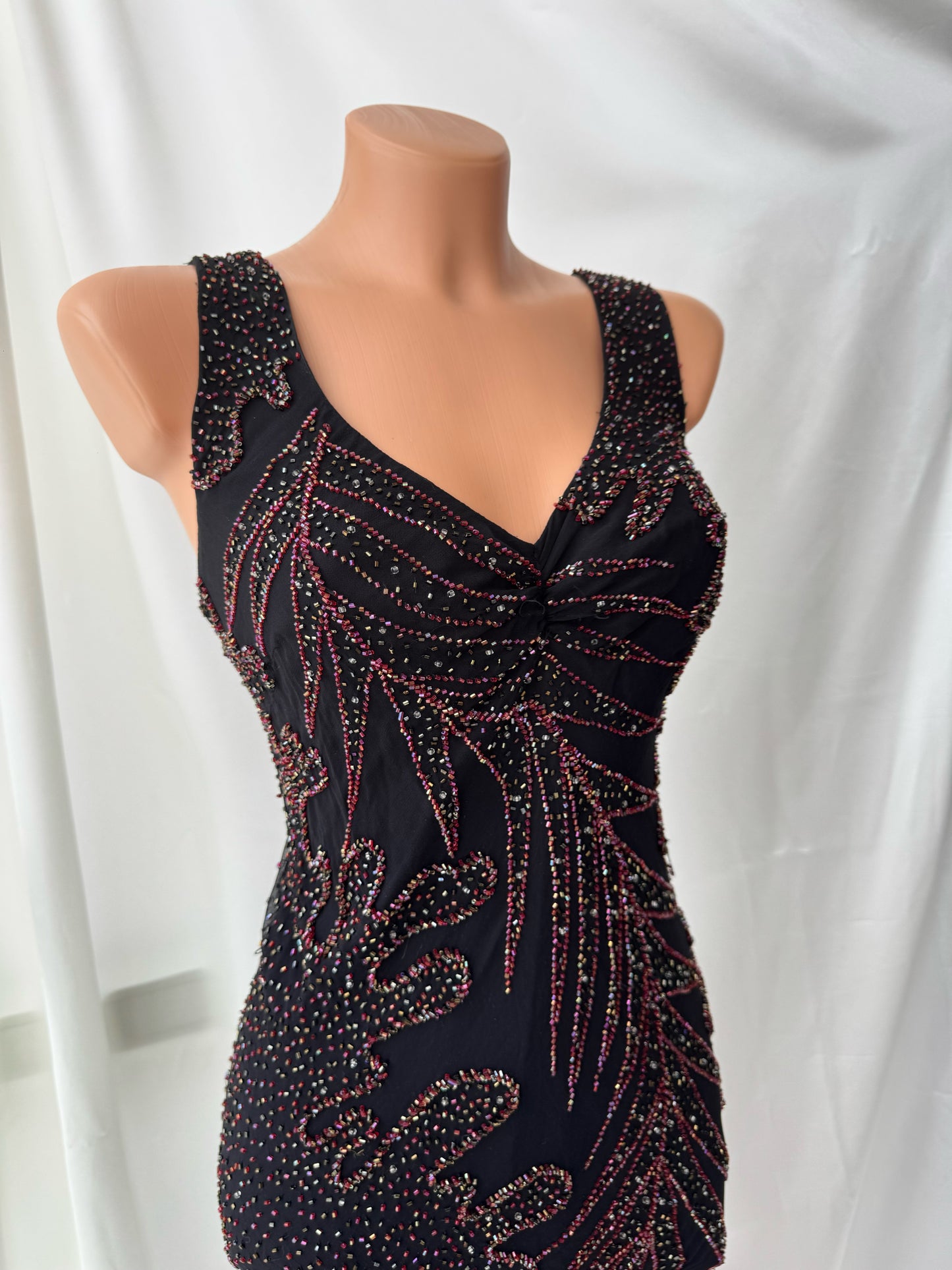 Long Black & Red Silk Beaded Vintage Dress