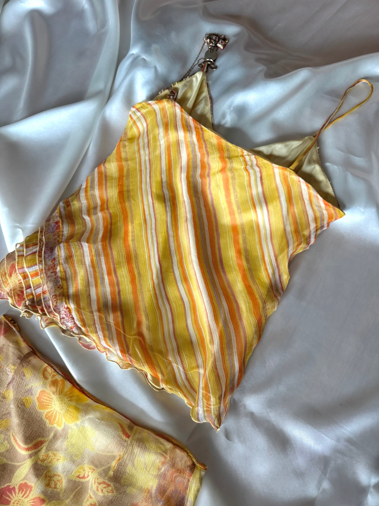 Vintage Yellow Floral & Striped Silk Skirt Set