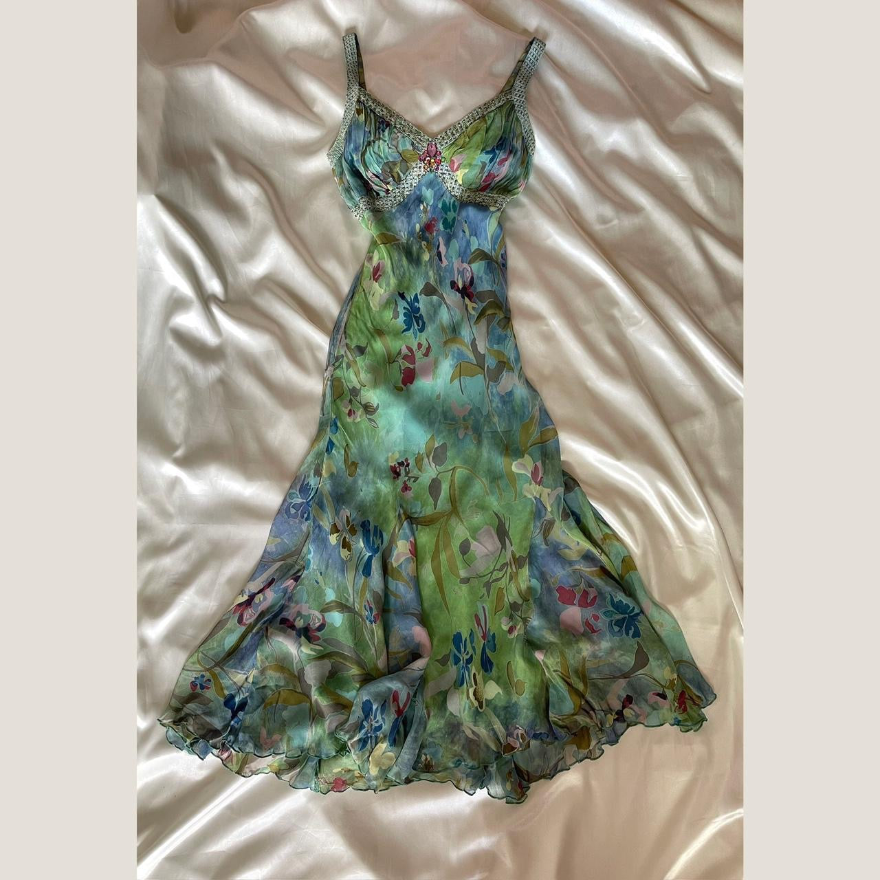 Stunning Beaded Vintage Green Flower Dress