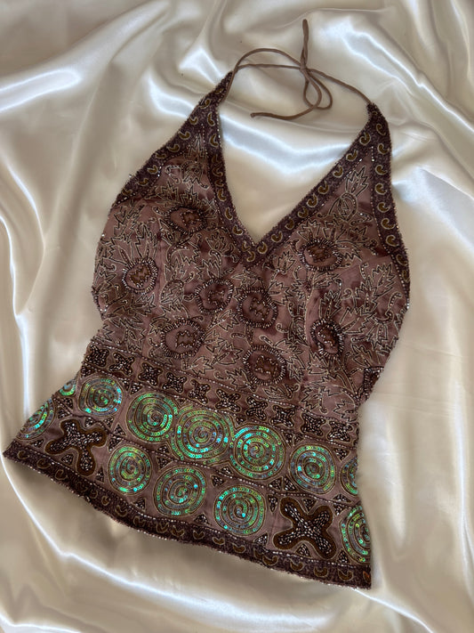 Brown Beaded Silk Vintage Top