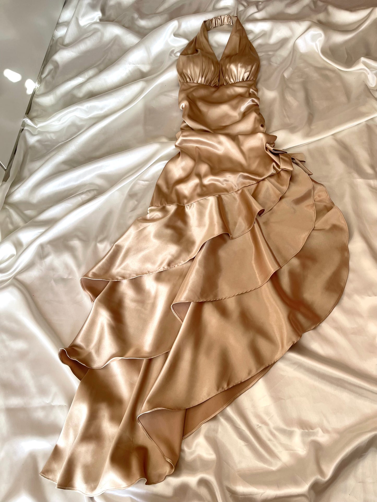 Beautiful Champagne Satin Side Rutched Vintage Dress
