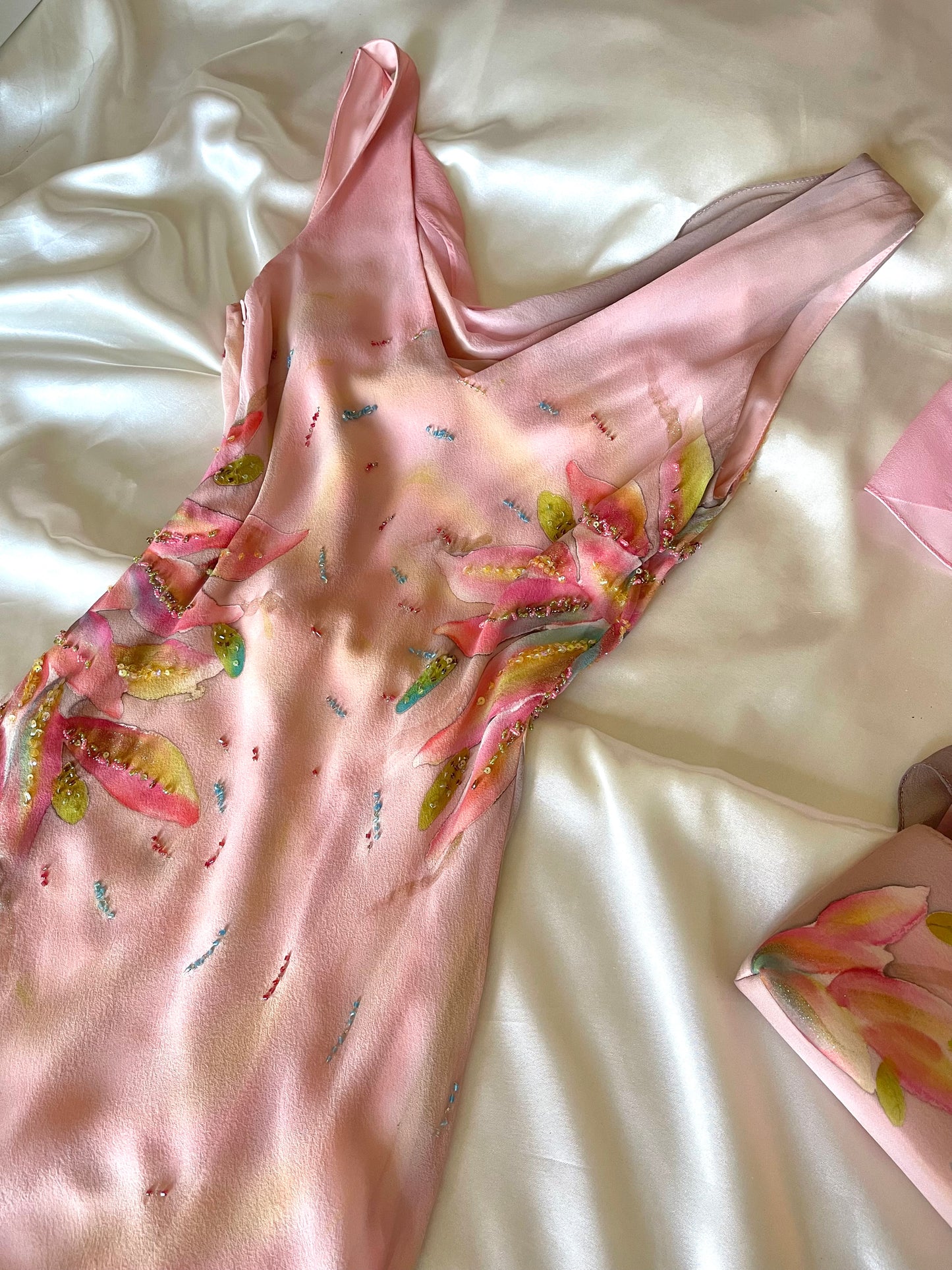 Spectacular Pink & Yellow Beaded Silk Dress