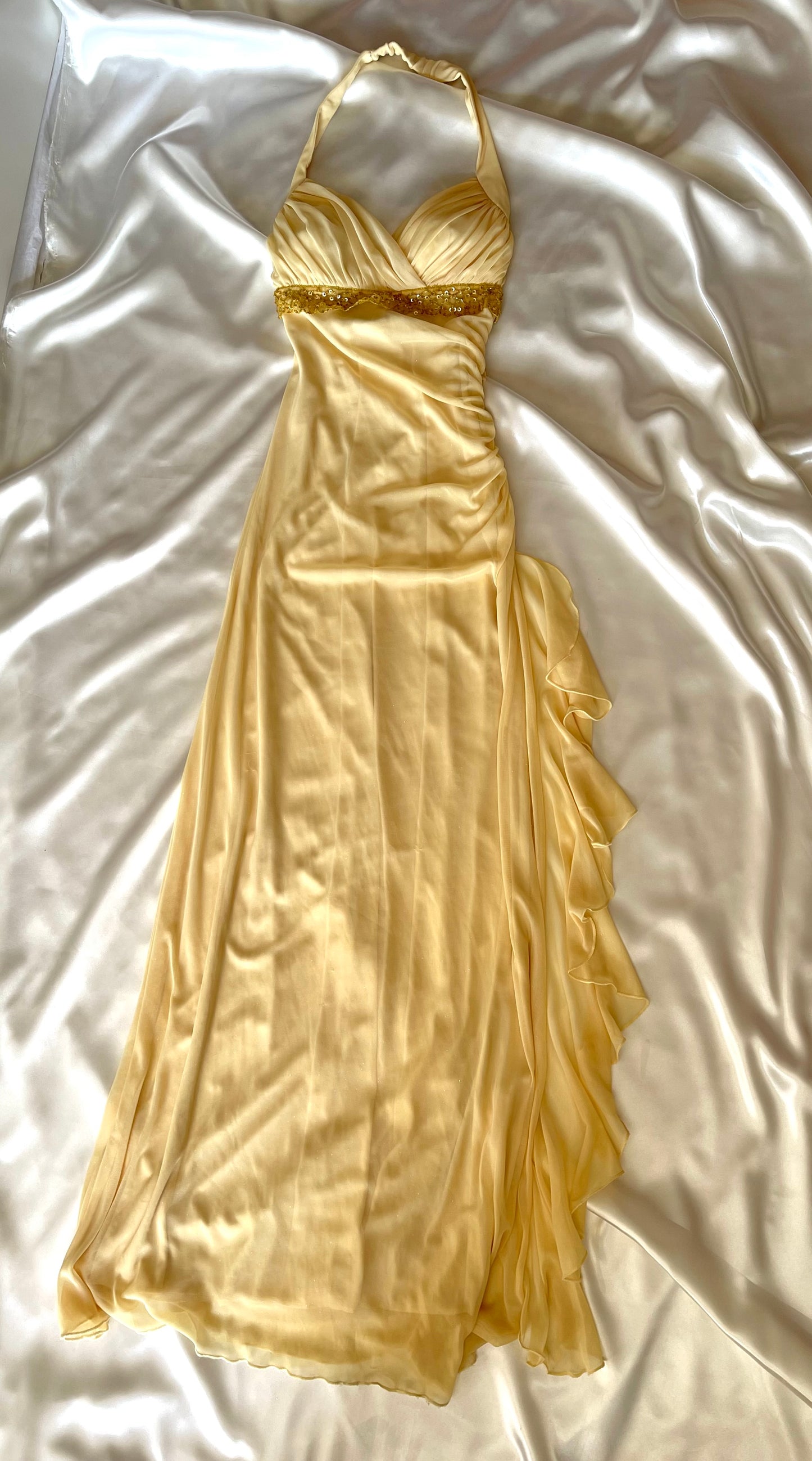 Sparkly Butter Yellow Halter Neck Vintage Dress