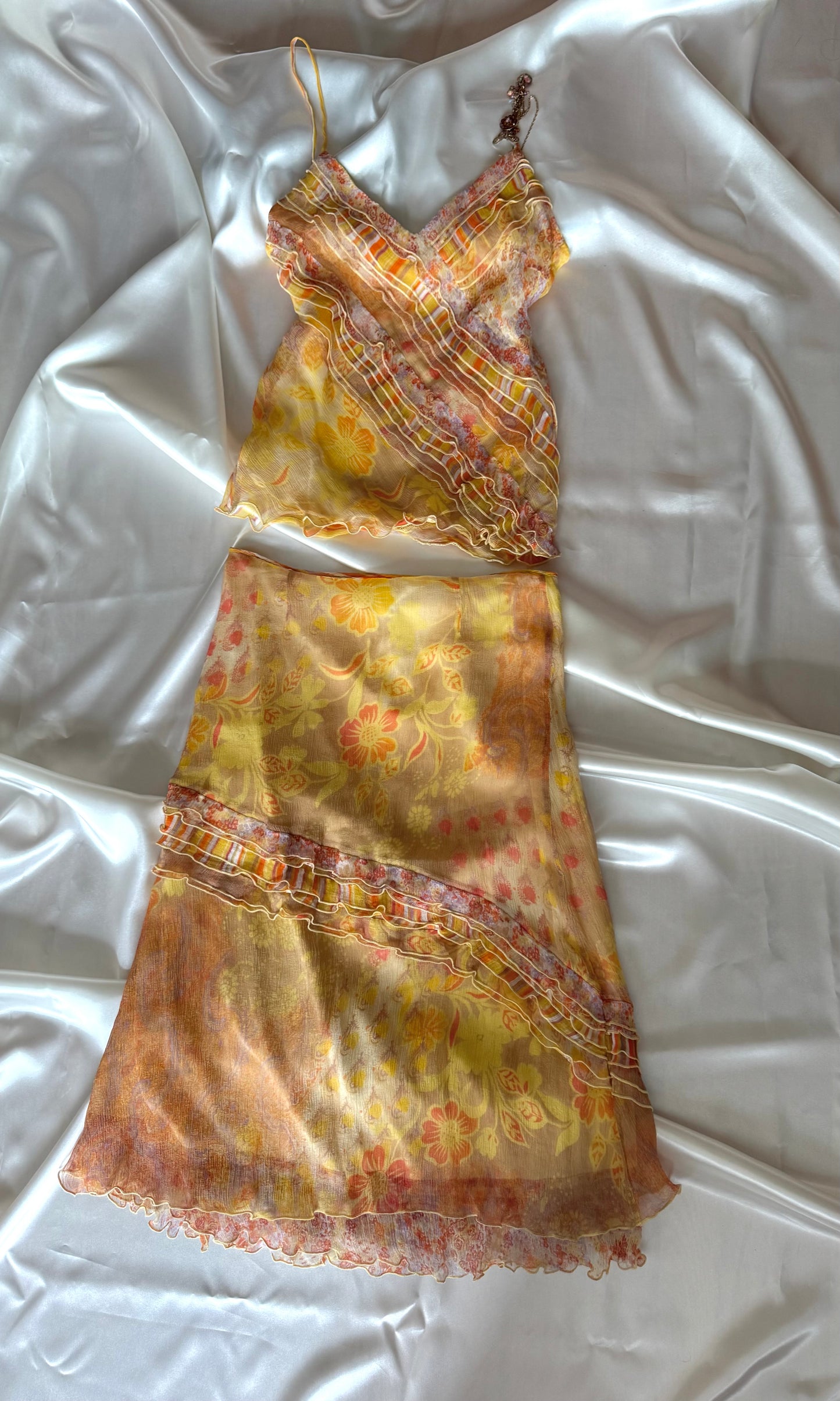 Vintage Yellow Floral & Striped Silk Skirt Set