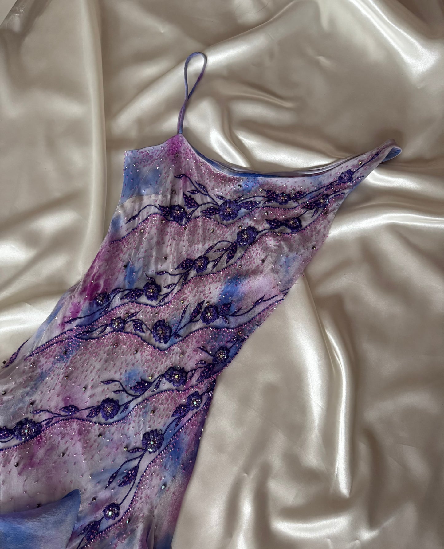 Vintage Frill Skirt Purple and White Beaded Silk Dress