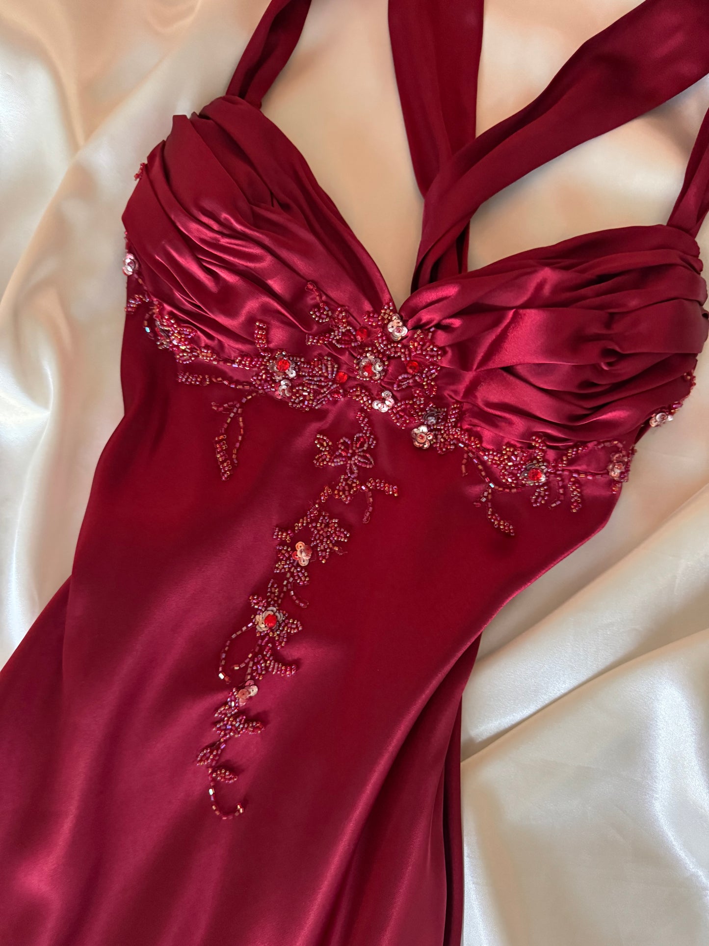 Red Vampy Long Vintage Satin Beaded Gown