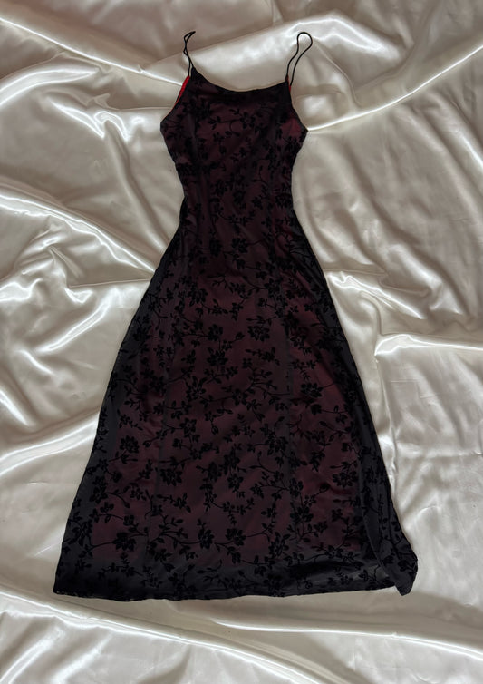 Red & Black Floral Velvet Gothic Vintage Dress