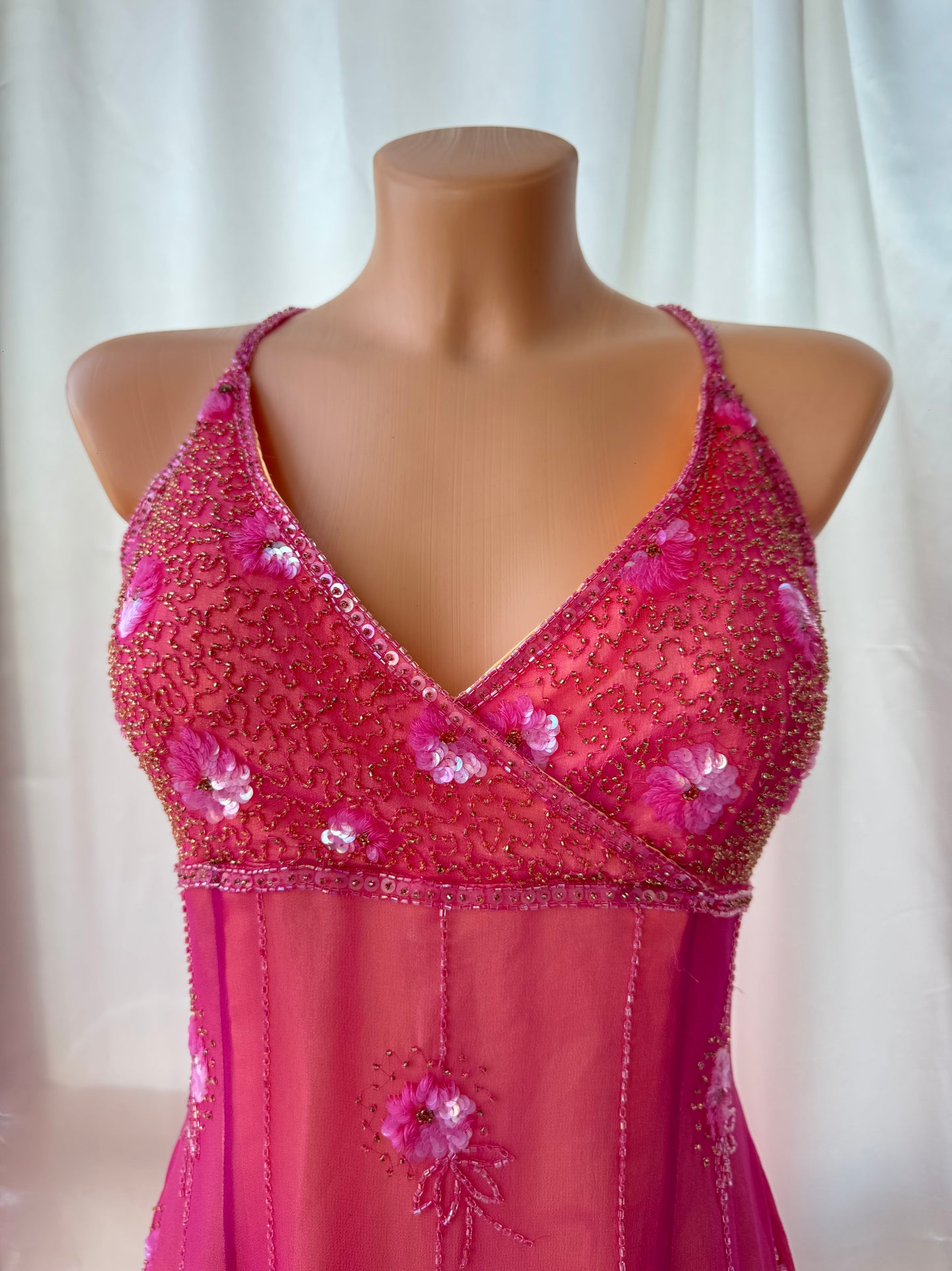 Stunning Beaded Vintage Pink Flower Silk Dress