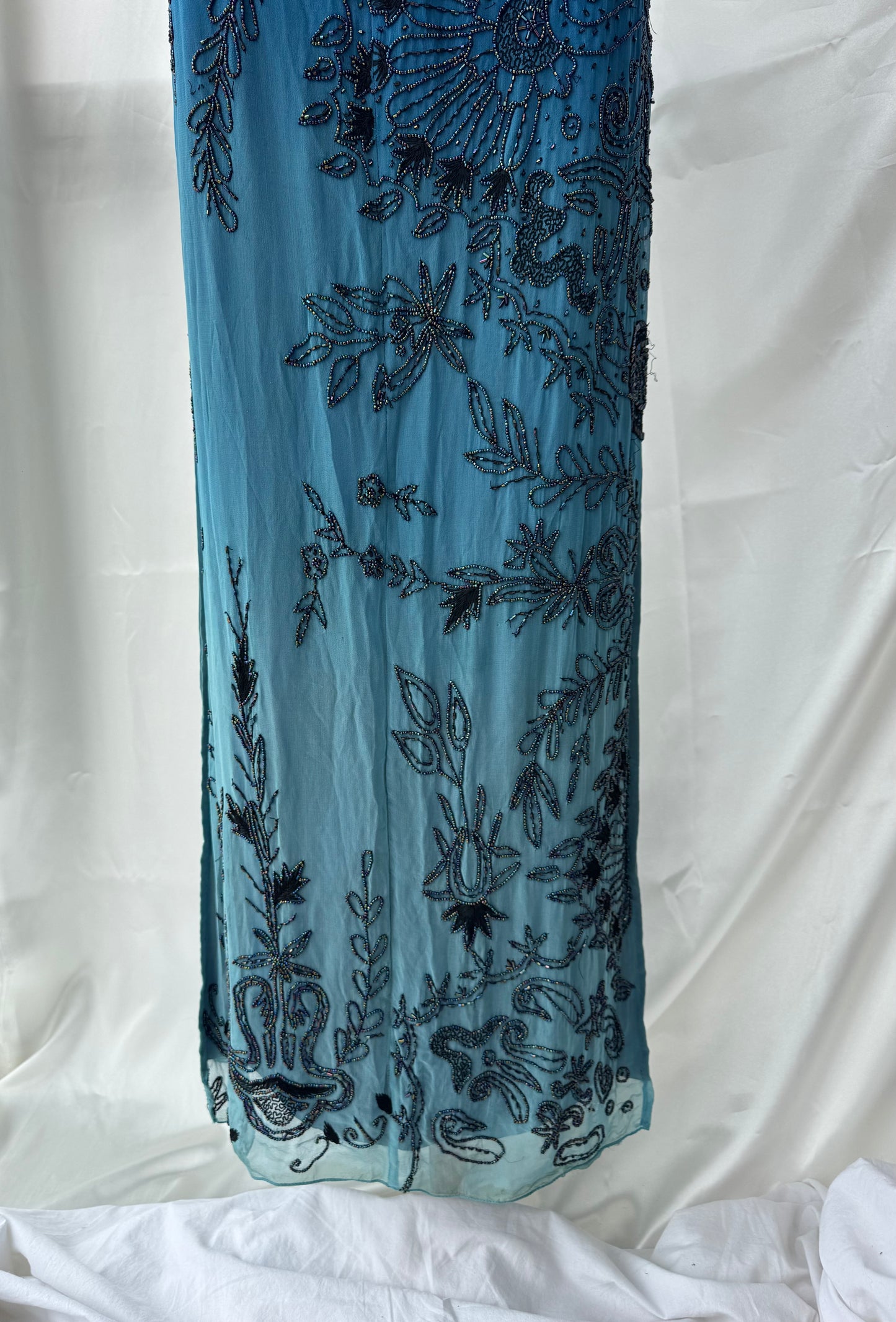 Spectacular Blue Maxi Silk Beaded Vintage Dress