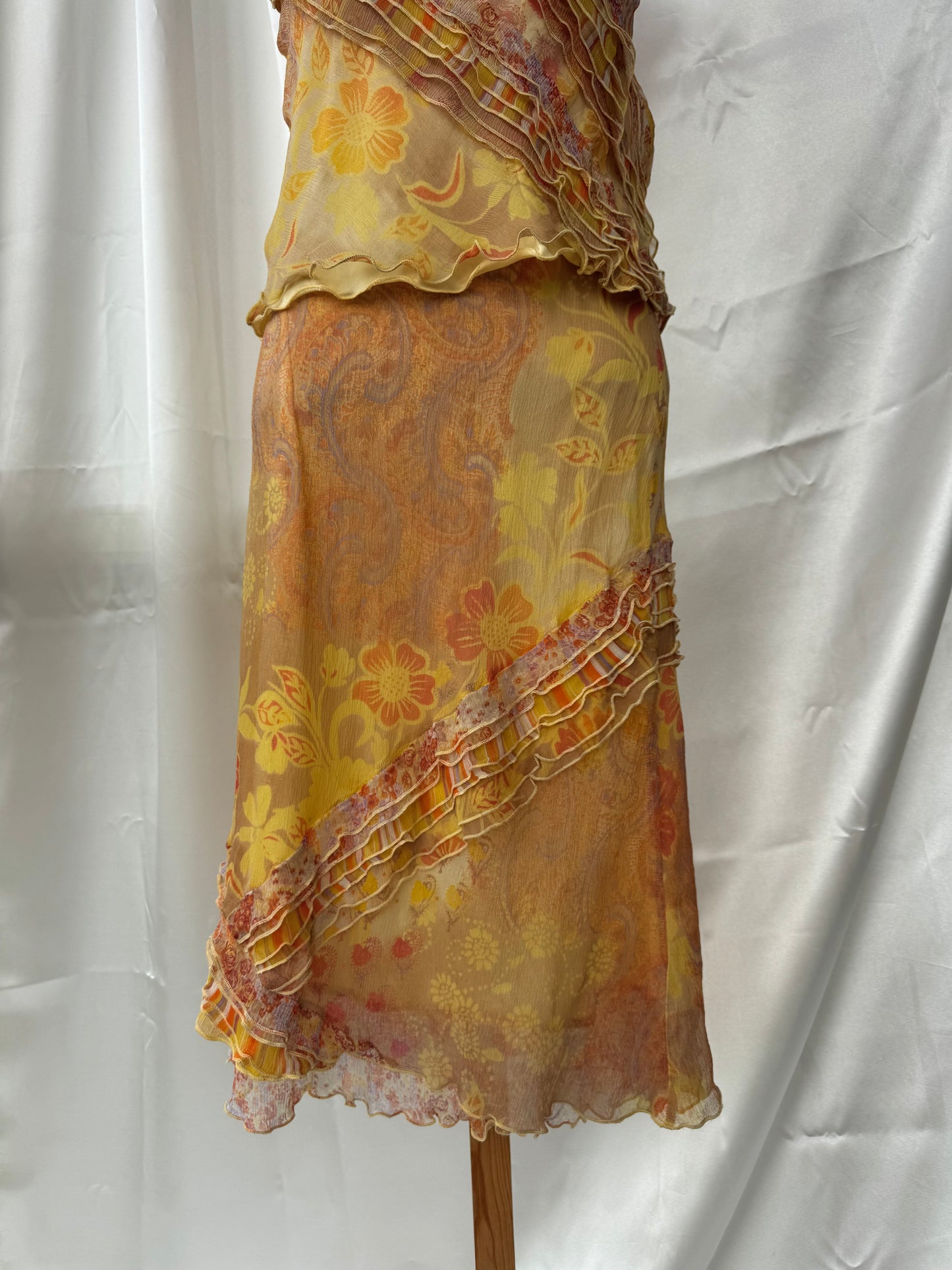 Vintage Yellow Floral & Striped Silk Skirt Set