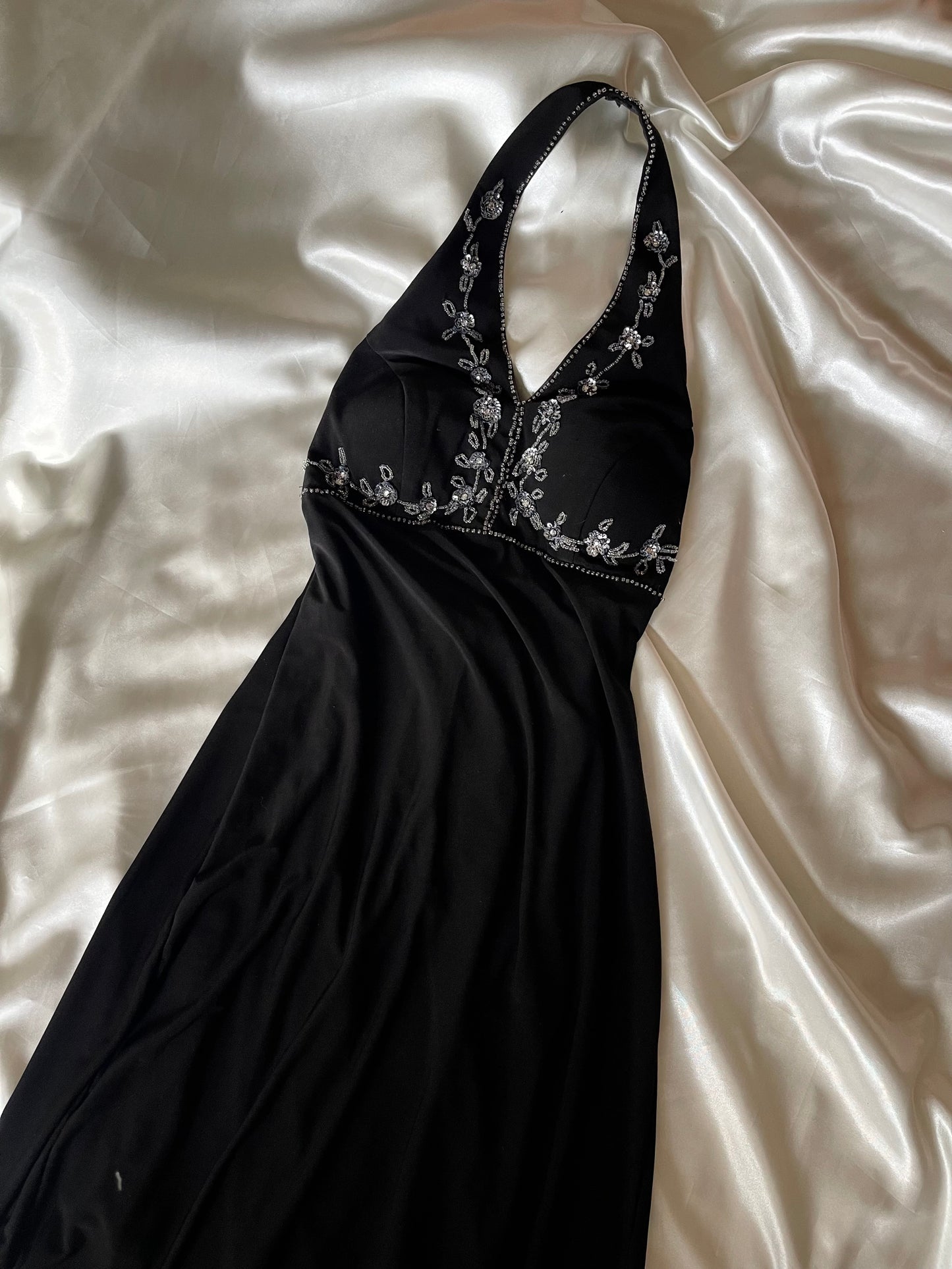 Black Beaded Halter Neck Vintage Gown